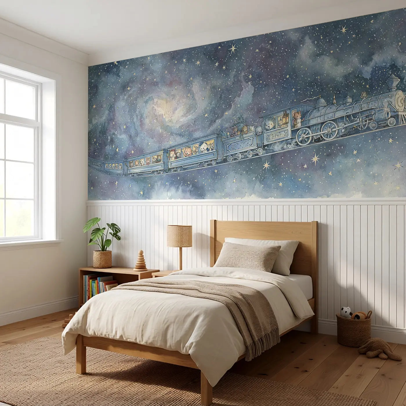 Space Train Galaxy Travel Wainscoting Wallpaper styled in a kids bedroom by Whimsy Tots