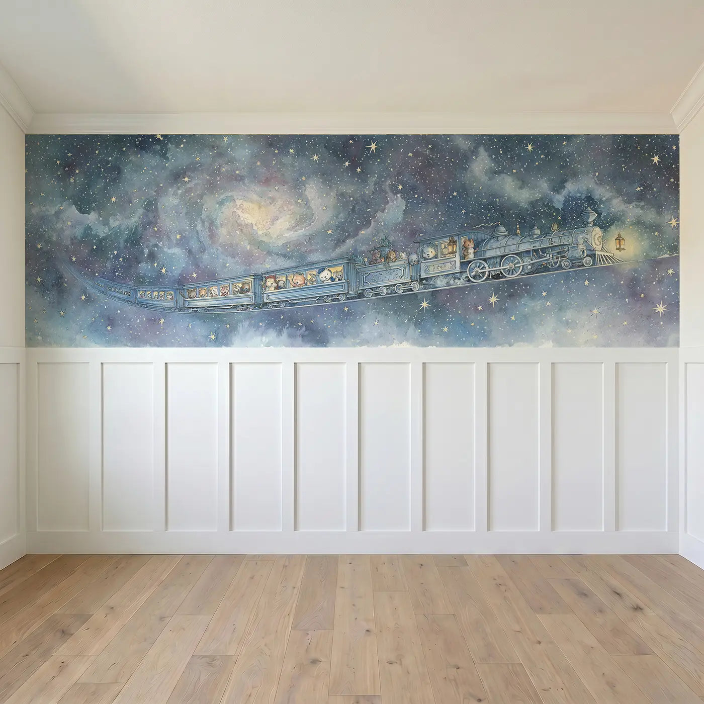 Full panel view of Space Train Galaxy Travel Wainscoting Wallpaper by Whimsy Tots