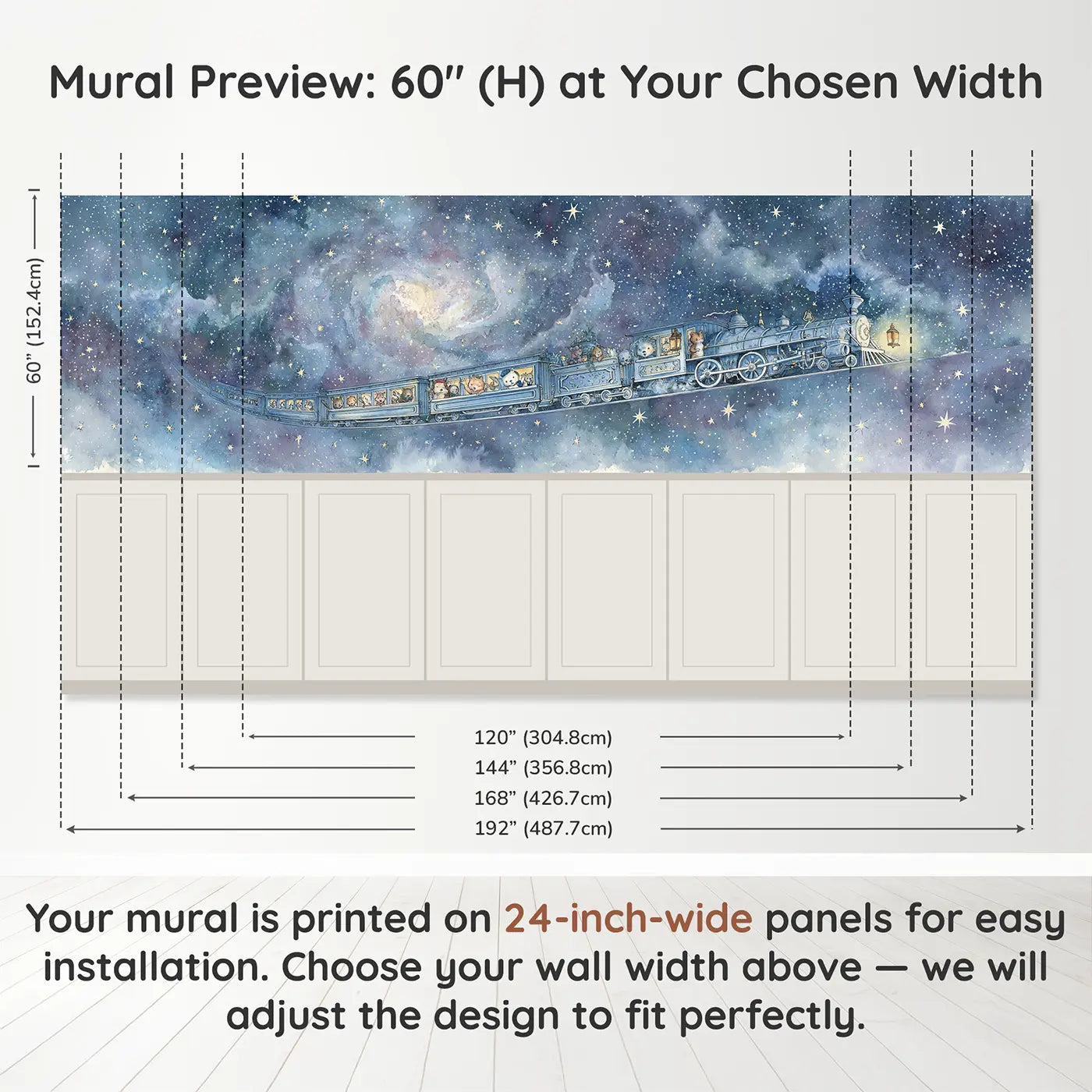 Panel dimensions for Space Train Galaxy Travel Wainscoting Wallpaper by Whimsy Tots