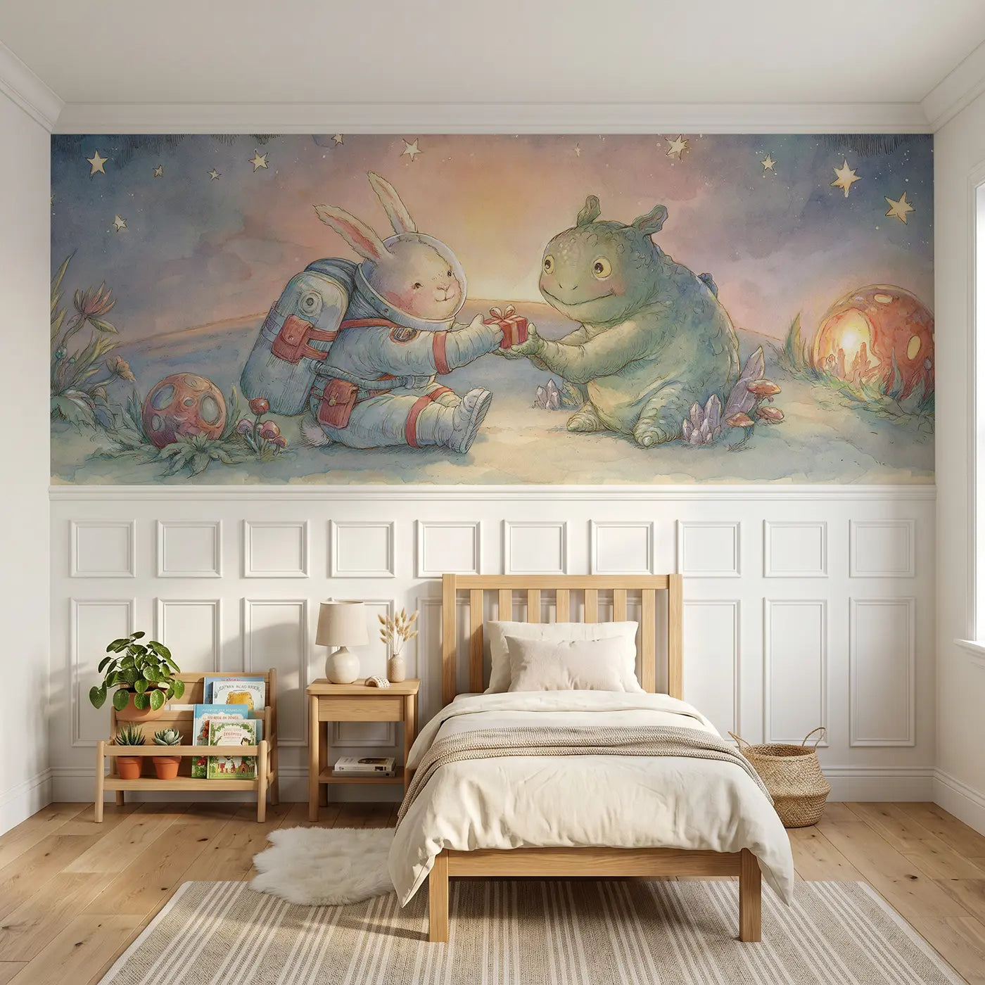 Storybook bunny friendly alien wainscoting wallpaper for bedroom by Whimsy Tots.