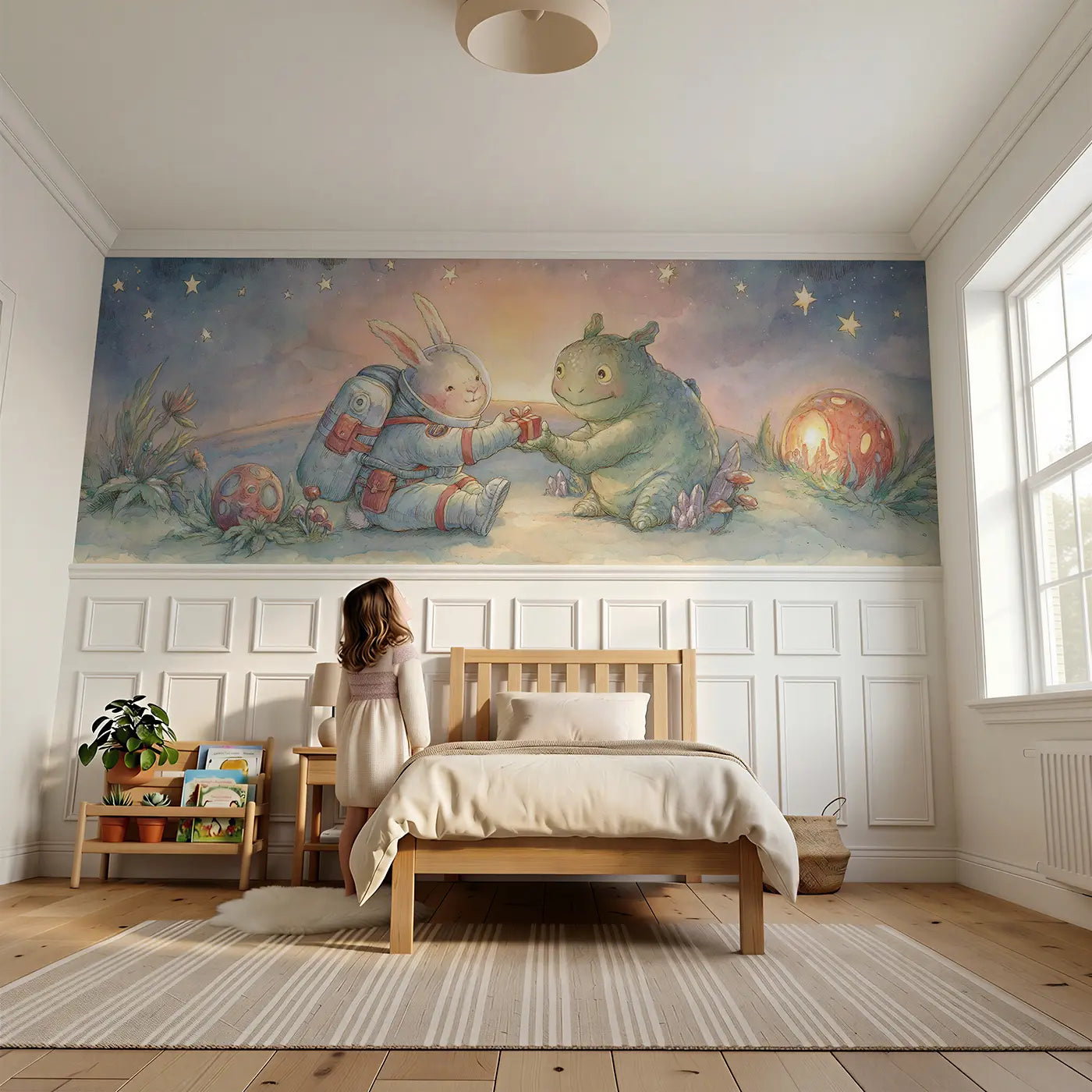 Child reading near Bunny Friendly Alien Greet Wainscoting Wallpaper by Whimsy Tots