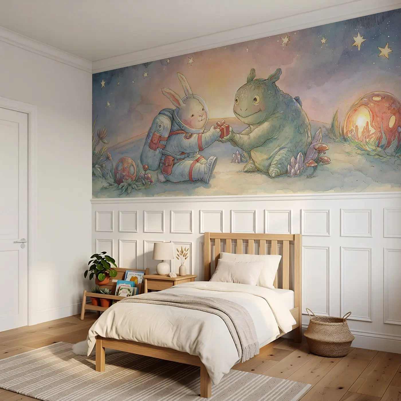 Bunny Friendly Alien Greet Wainscoting Wallpaper styled in a kids bedroom by Whimsy Tots
