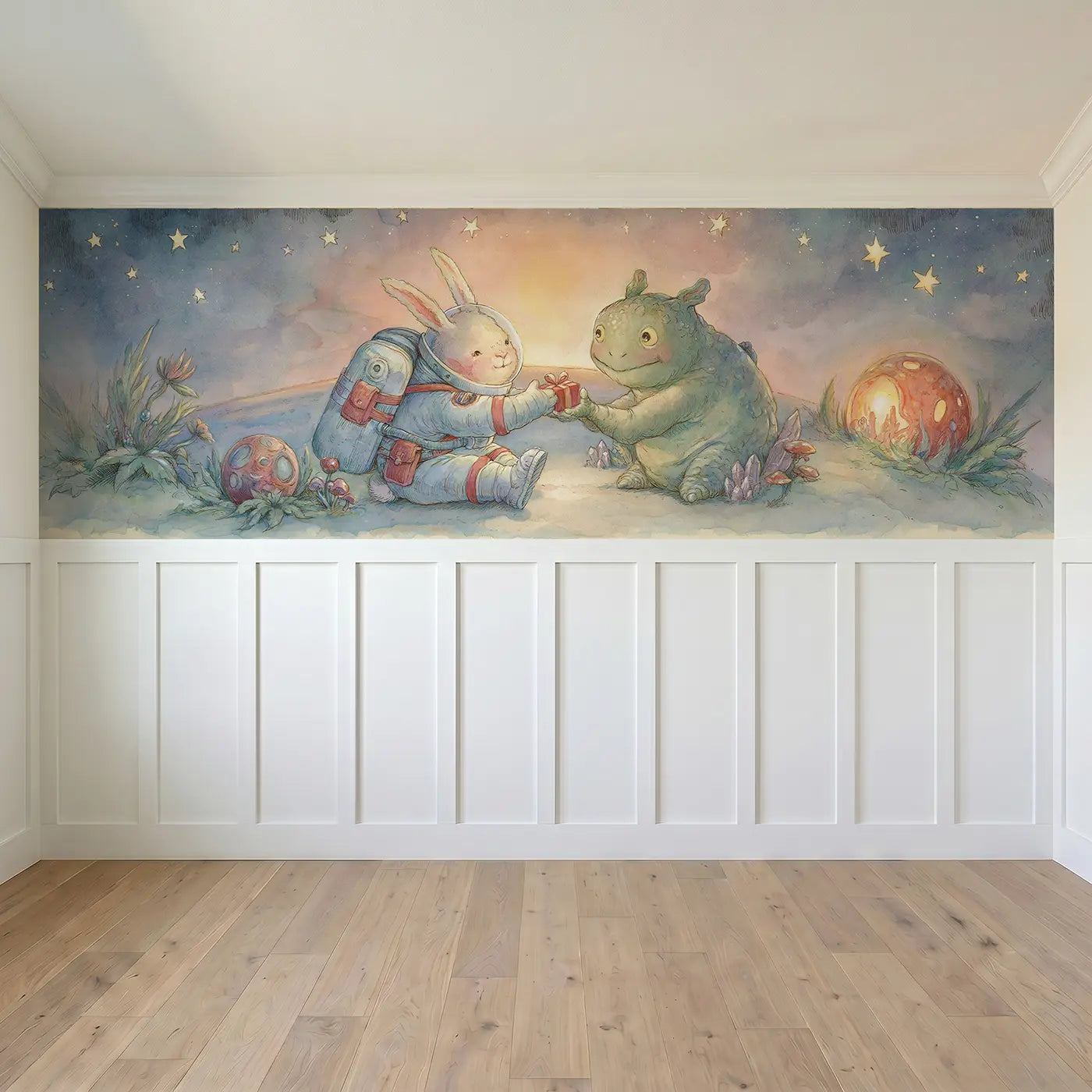 Full panel view of Bunny Friendly Alien Greet Wainscoting Wallpaper by Whimsy Tots
