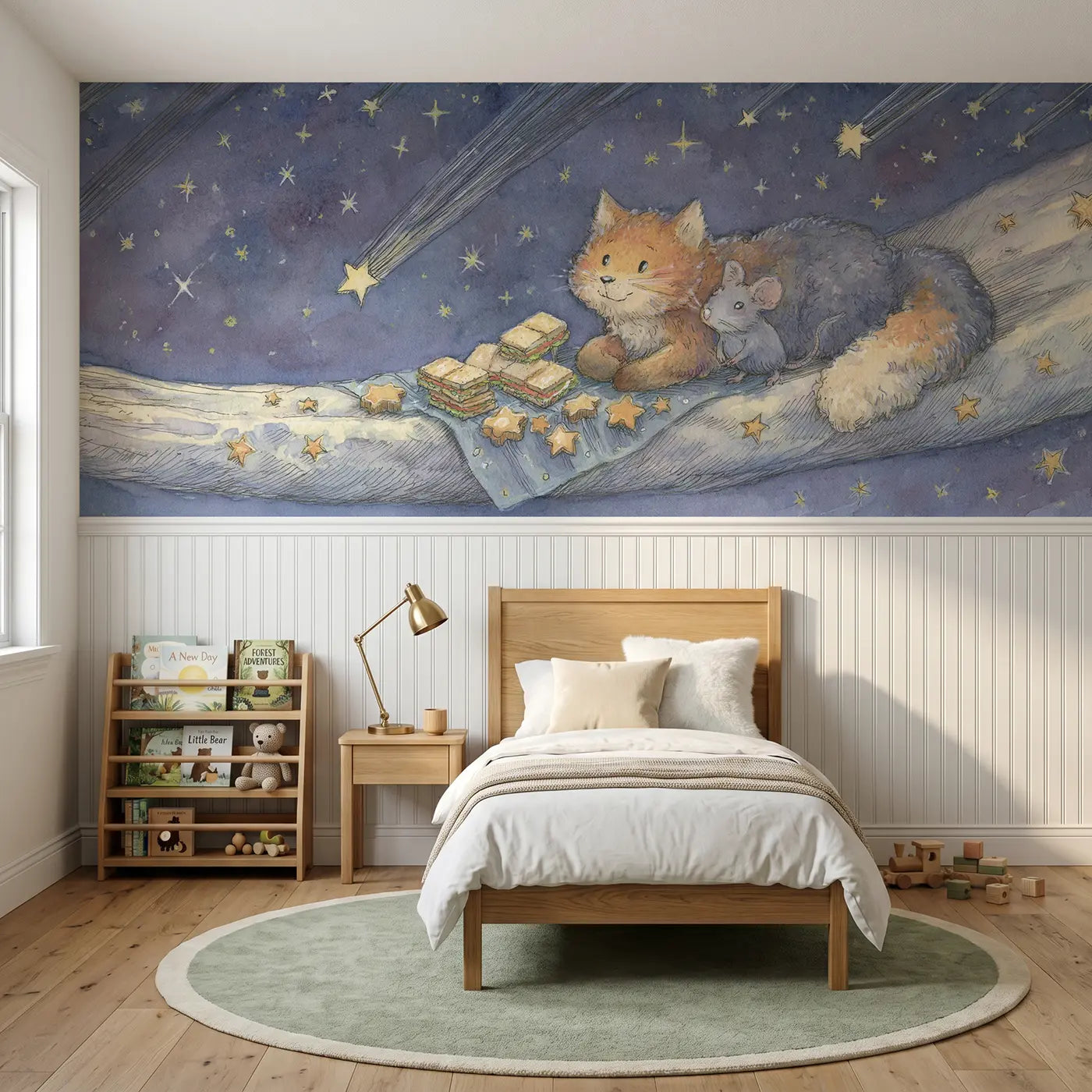 Storybook space picnic comet tail wainscoting wallpaper for bedroom by Whimsy Tots.
