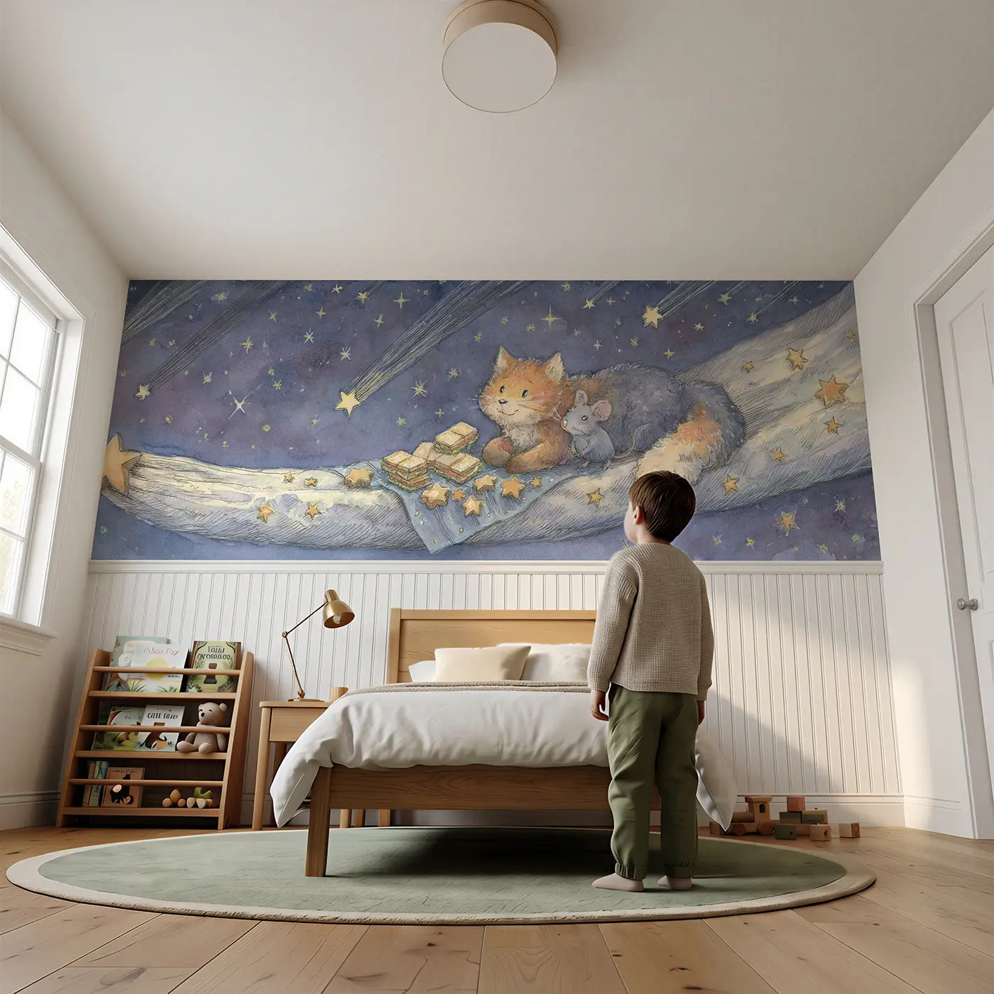 Child reading near Space Picnic Comet Tail Wainscoting Wallpaper by Whimsy Tots