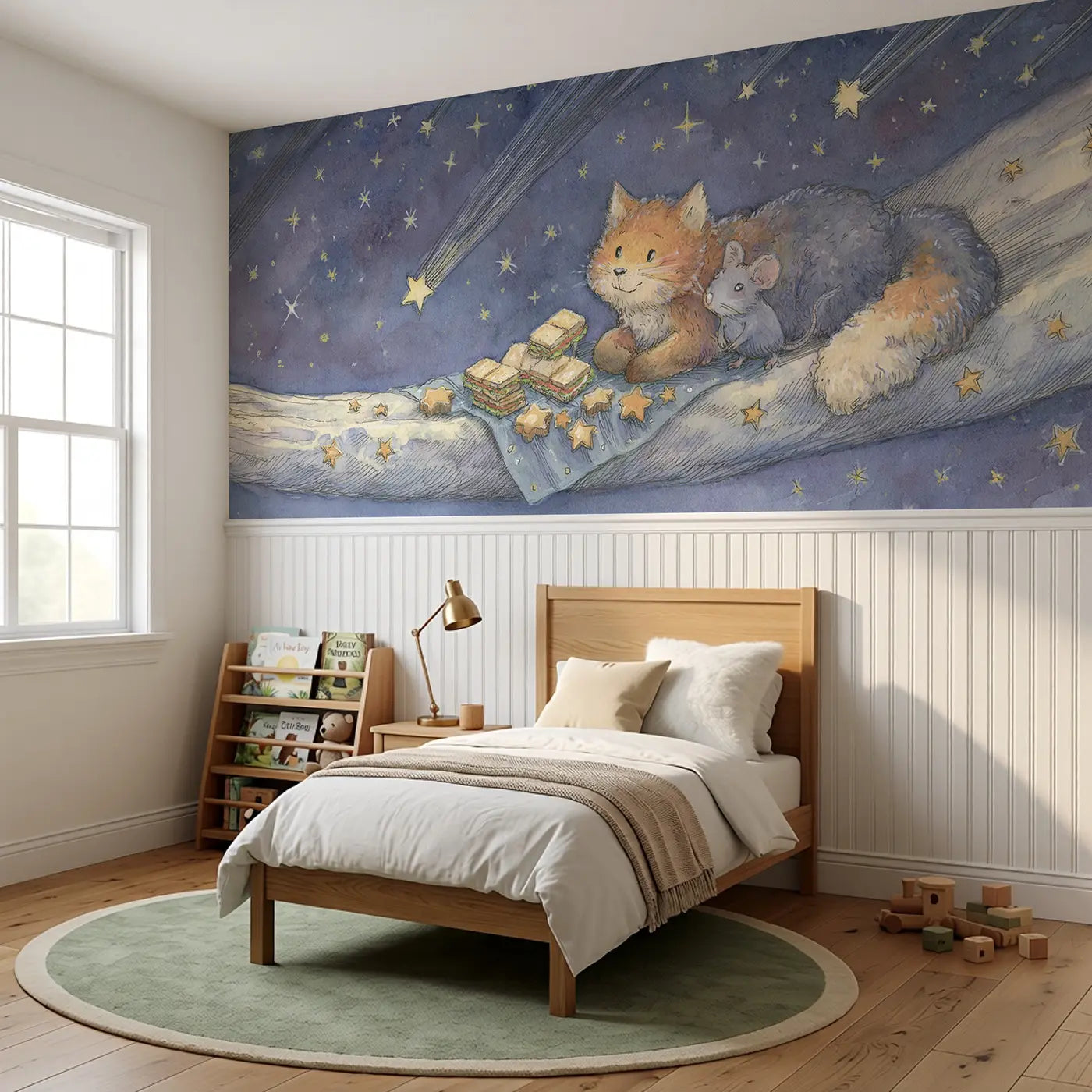 Space Picnic Comet Tail Wainscoting Wallpaper styled in a kids bedroom by Whimsy Tots