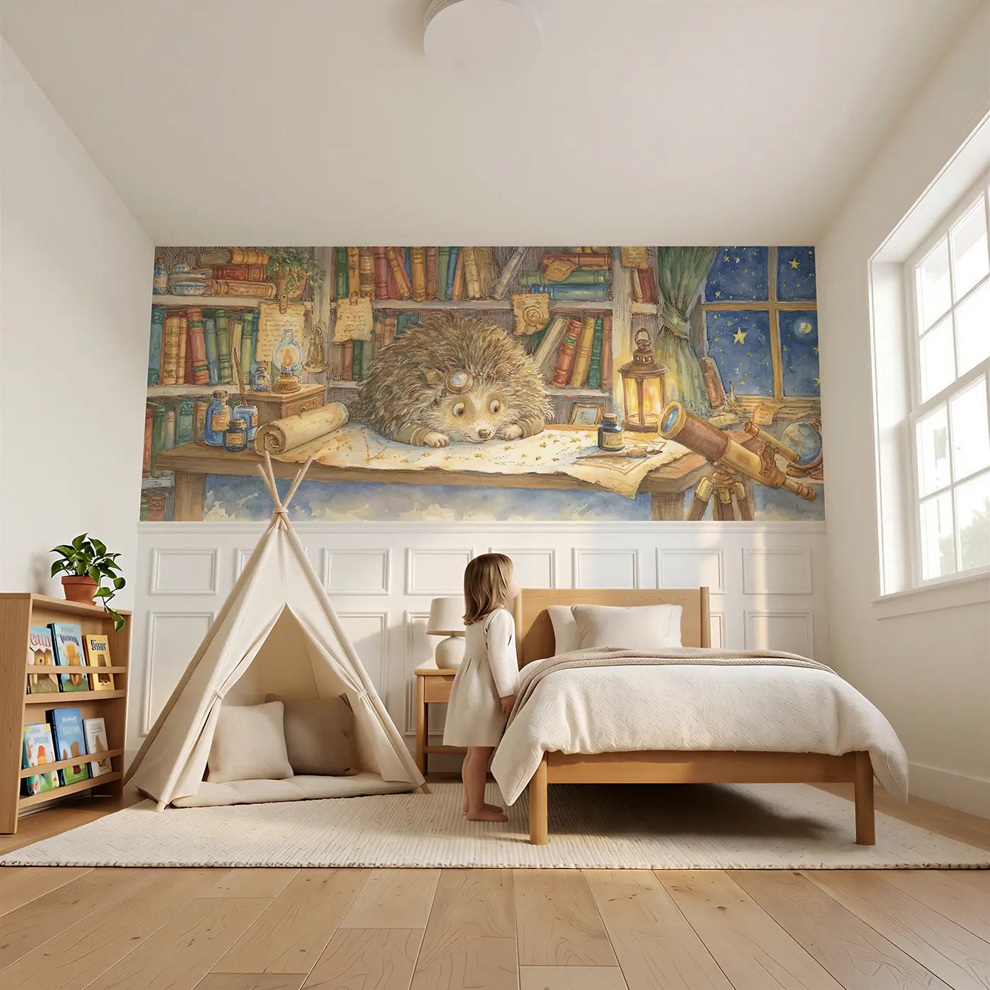Child reading near Star Mapper Hedgehog Desk Wainscoting Wallpaper by Whimsy Tots