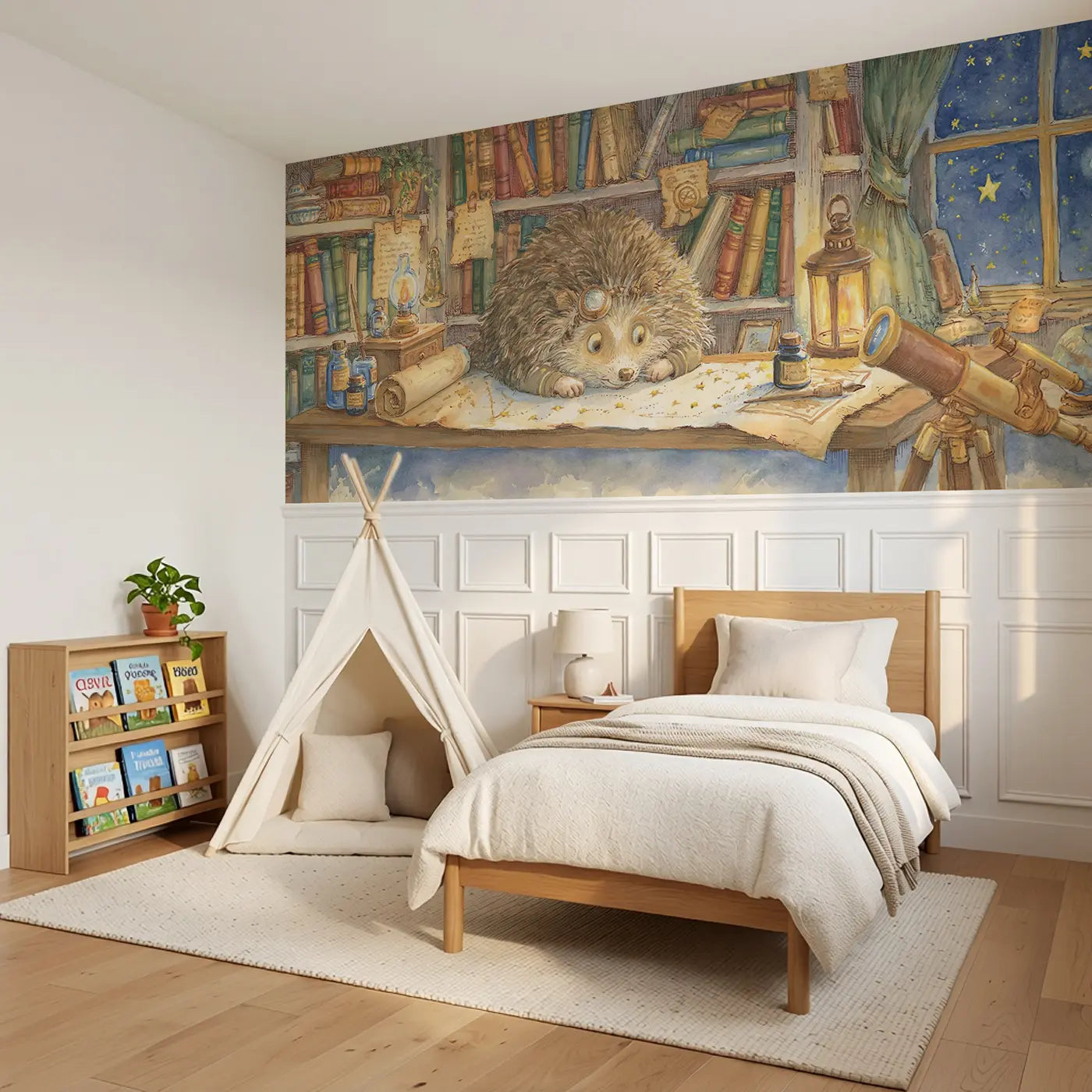 Star Mapper Hedgehog Desk Wainscoting Wallpaper styled in a kids bedroom by Whimsy Tots