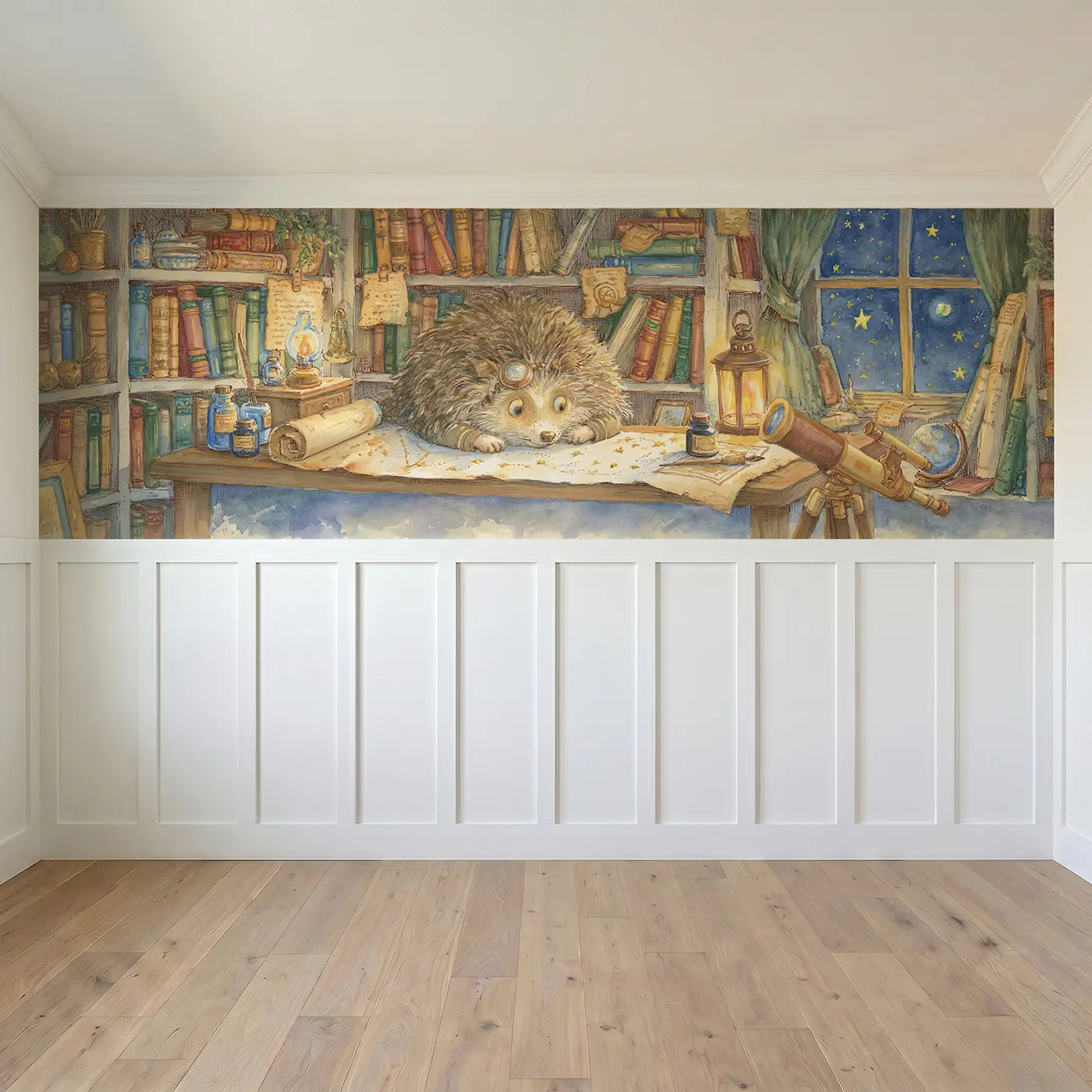 Full panel view of Star Mapper Hedgehog Desk Wainscoting Wallpaper by Whimsy Tots