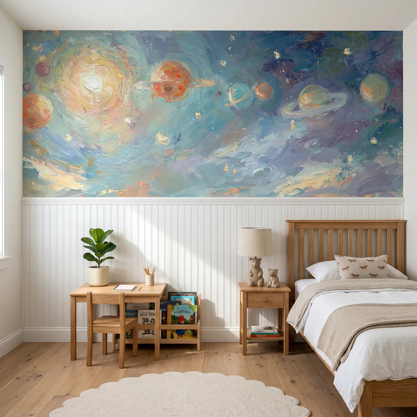 Painted Landscape solar system planets oil wainscoting wallpaper for bedroom by Whimsy Tots.