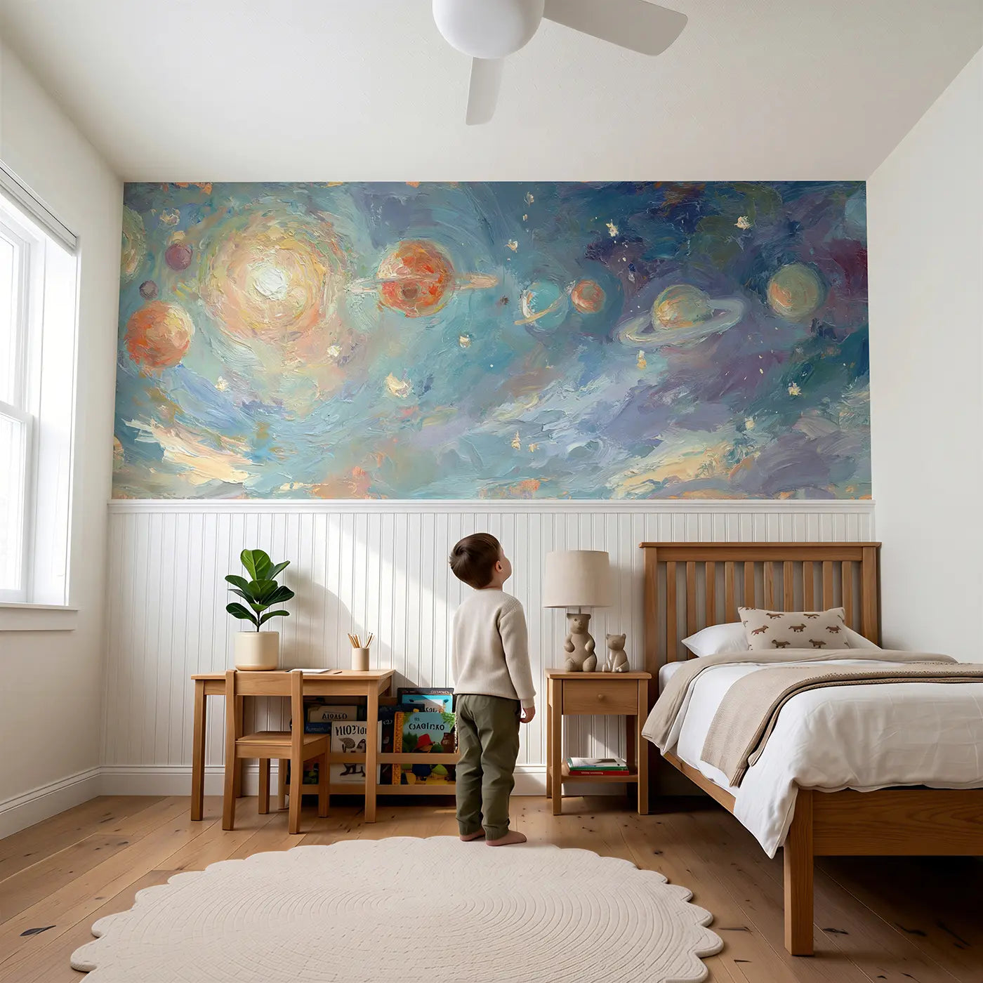 Child reading near Solar System Planets Oil Wainscoting Wallpaper by Whimsy Tots