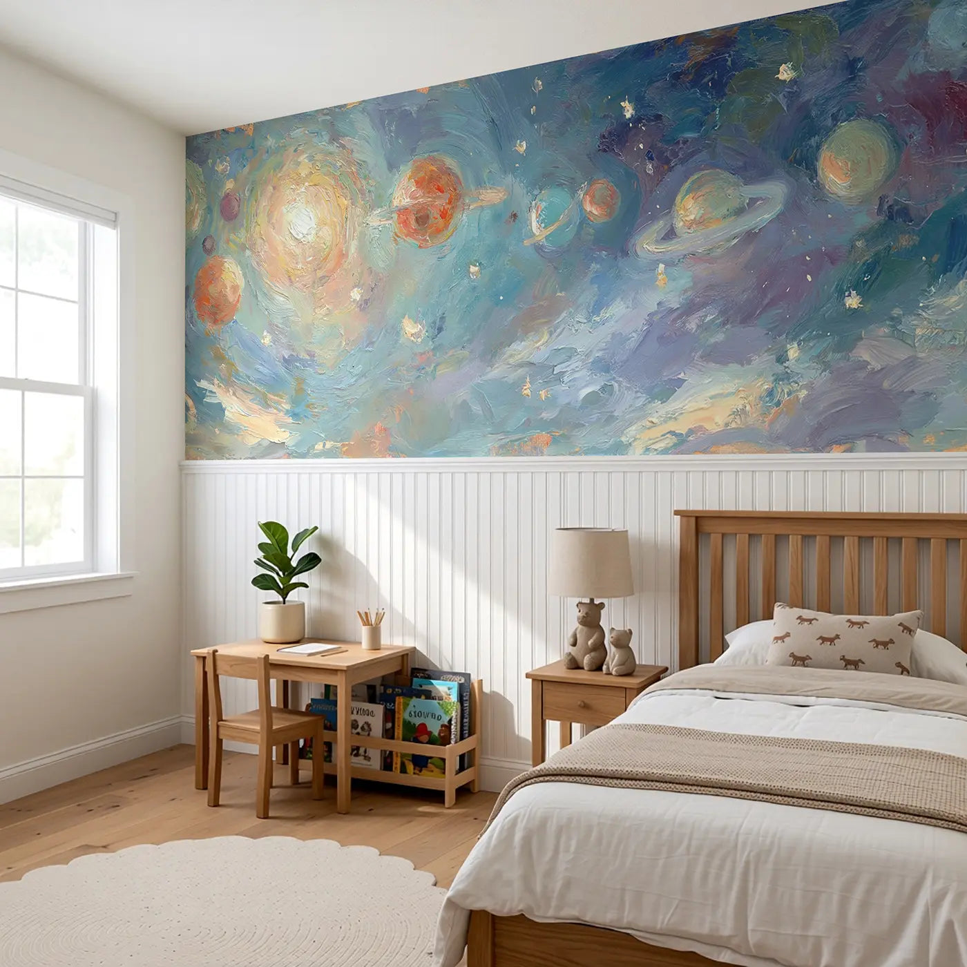 Solar System Planets Oil Wainscoting Wallpaper styled in a kids bedroom by Whimsy Tots