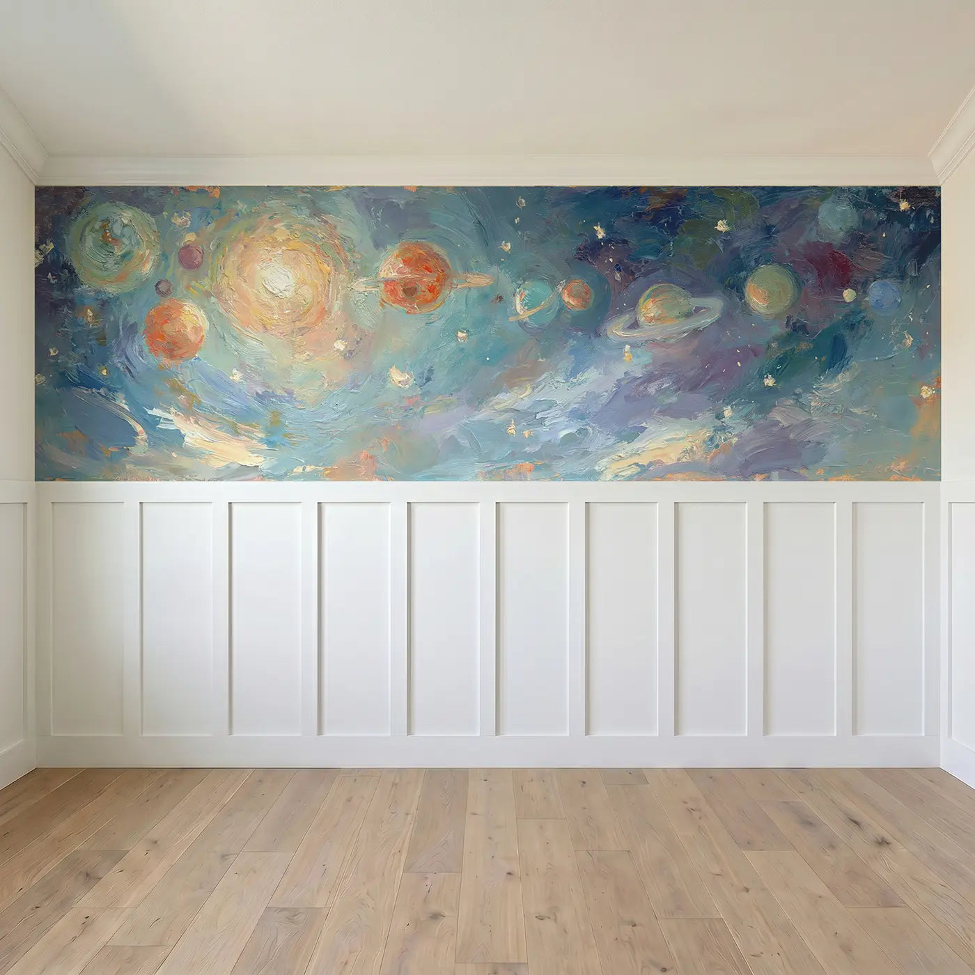 Full panel view of Solar System Planets Oil Wainscoting Wallpaper by Whimsy Tots