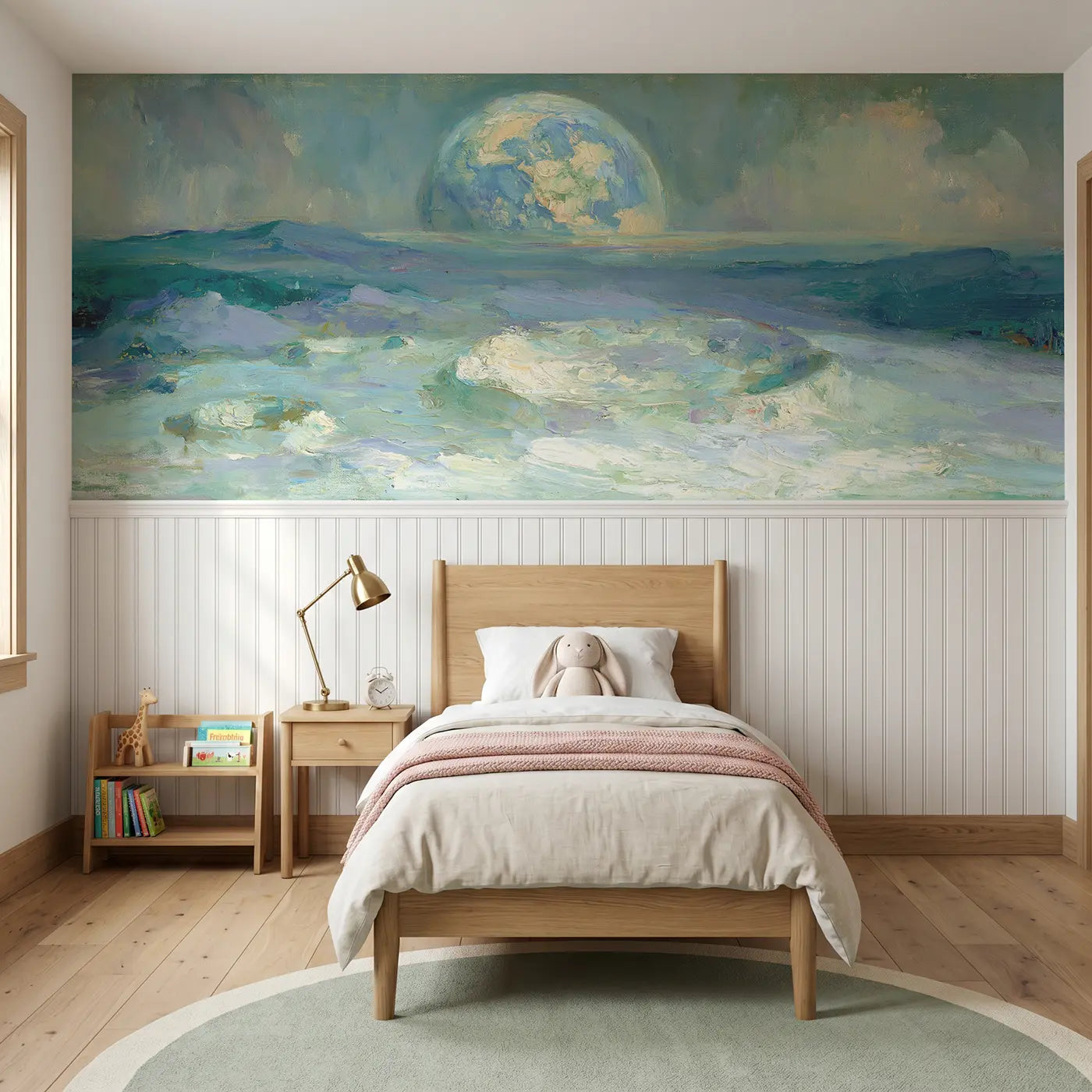 Painted Landscape lunar surface earth rise wainscoting wallpaper for bedroom by Whimsy Tots.
