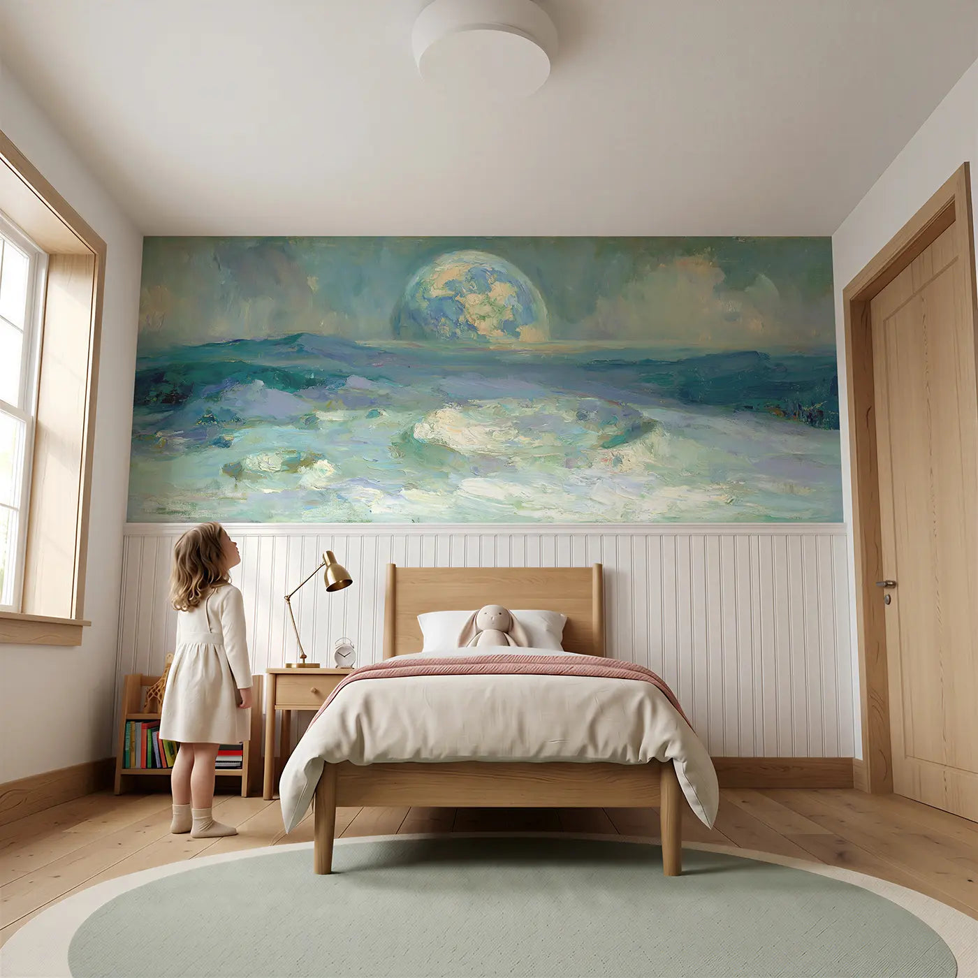 Child reading near Lunar Surface Earth Rise Wainscoting Wallpaper by Whimsy Tots