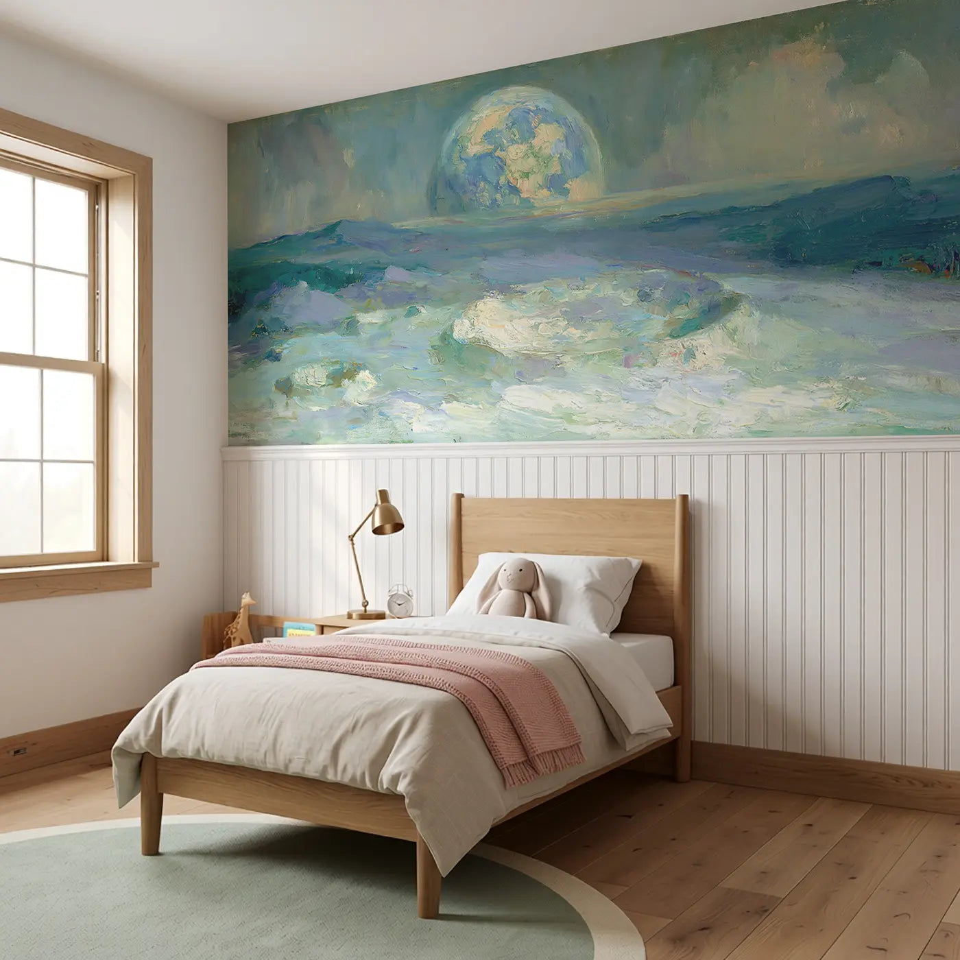 Lunar Surface Earth Rise Wainscoting Wallpaper styled in a kids bedroom by Whimsy Tots