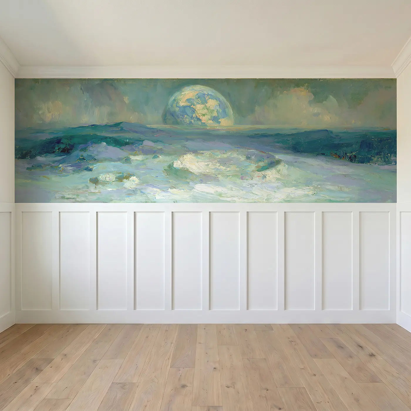 Full panel view of Lunar Surface Earth Rise Wainscoting Wallpaper by Whimsy Tots