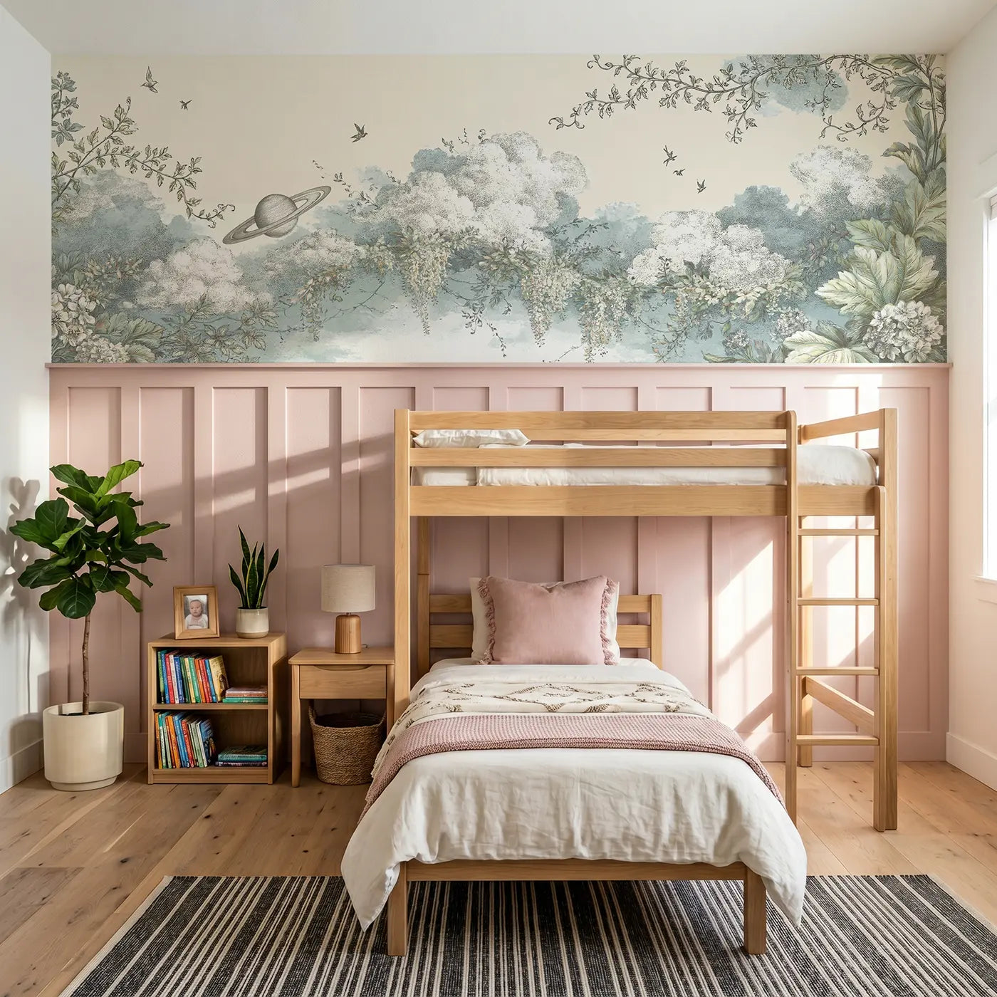 Botanical Elegance saturn cascade wainscoting wallpaper for bedroom by Whimsy Tots.