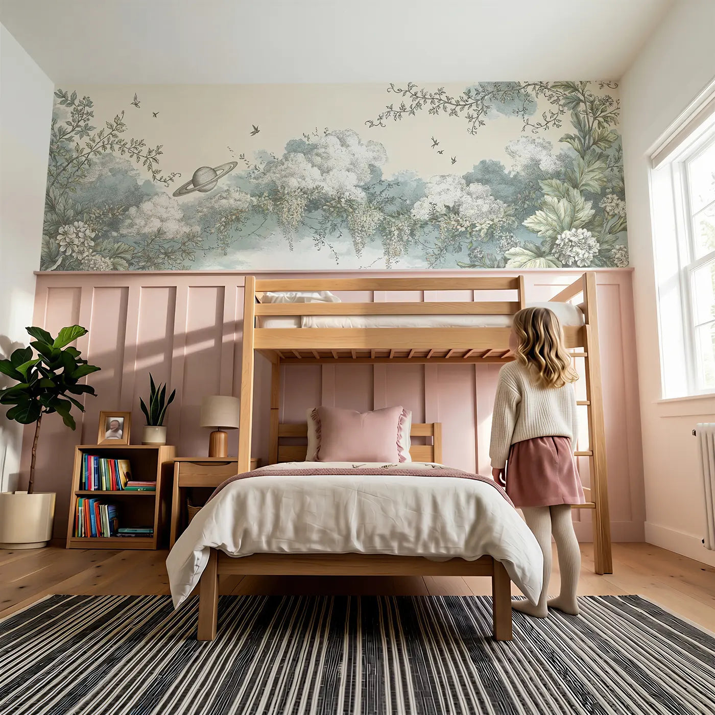 Child reading near Saturn Botanical Cascade Wainscoting Wallpaper by Whimsy Tots