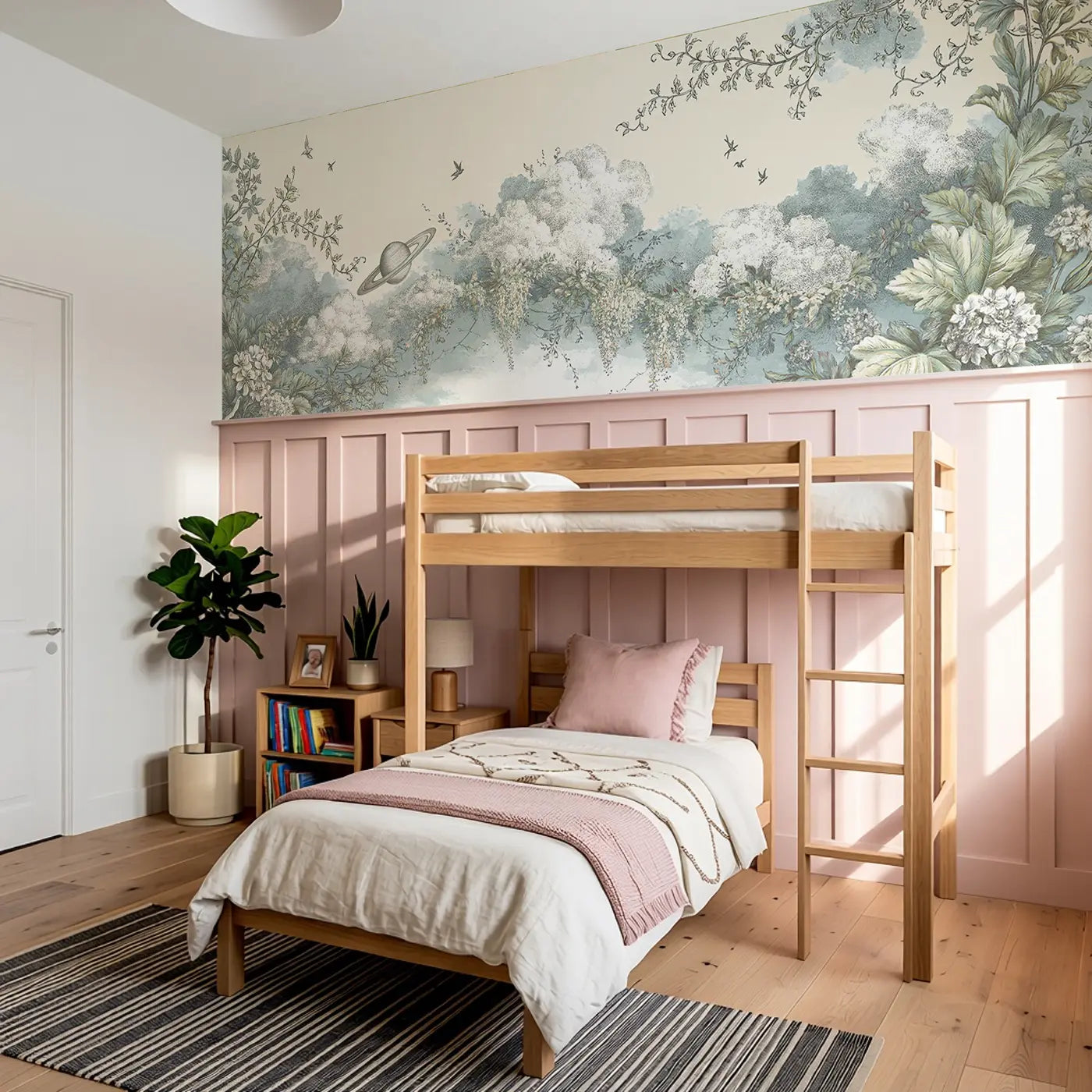 Saturn Botanical Cascade Wainscoting Wallpaper styled in a kids bedroom by Whimsy Tots