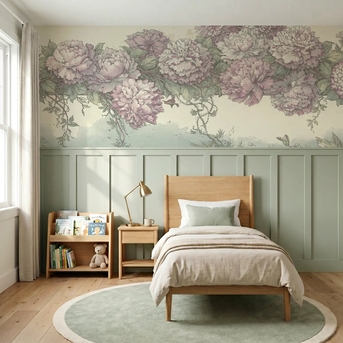 Botanical Elegance star map peony border wainscoting wallpaper for bedroom by Whimsy Tots.