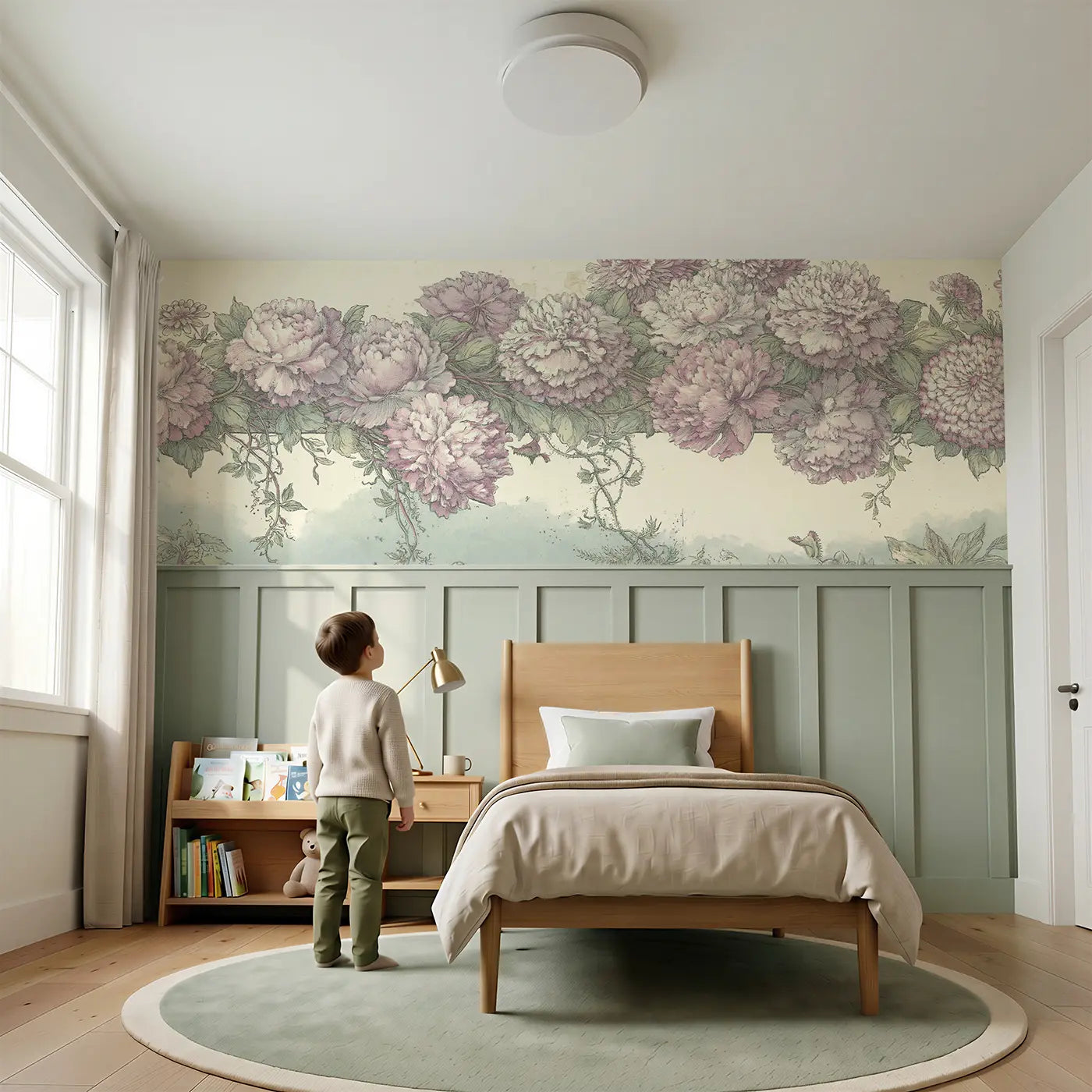 Child reading near Star Map Peony Border Wainscoting Wallpaper by Whimsy Tots