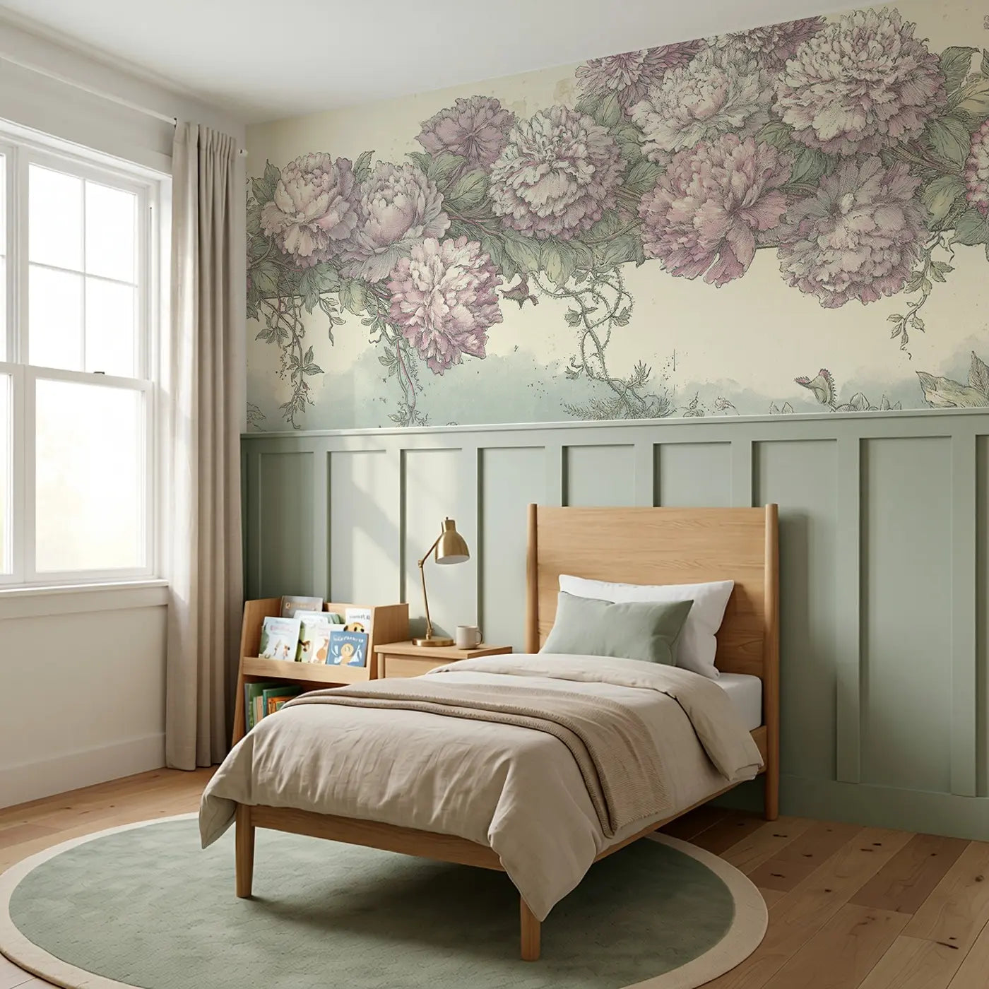 Star Map Peony Border Wainscoting Wallpaper styled in a kids bedroom by Whimsy Tots