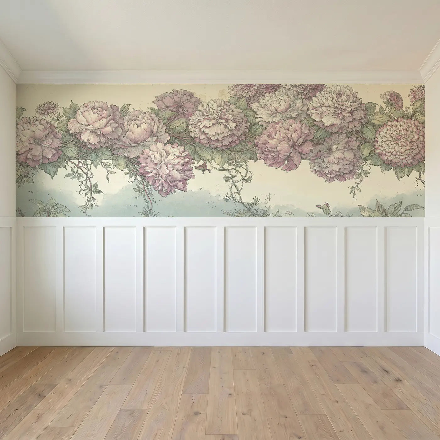 Full panel view of Star Map Peony Border Wainscoting Wallpaper by Whimsy Tots
