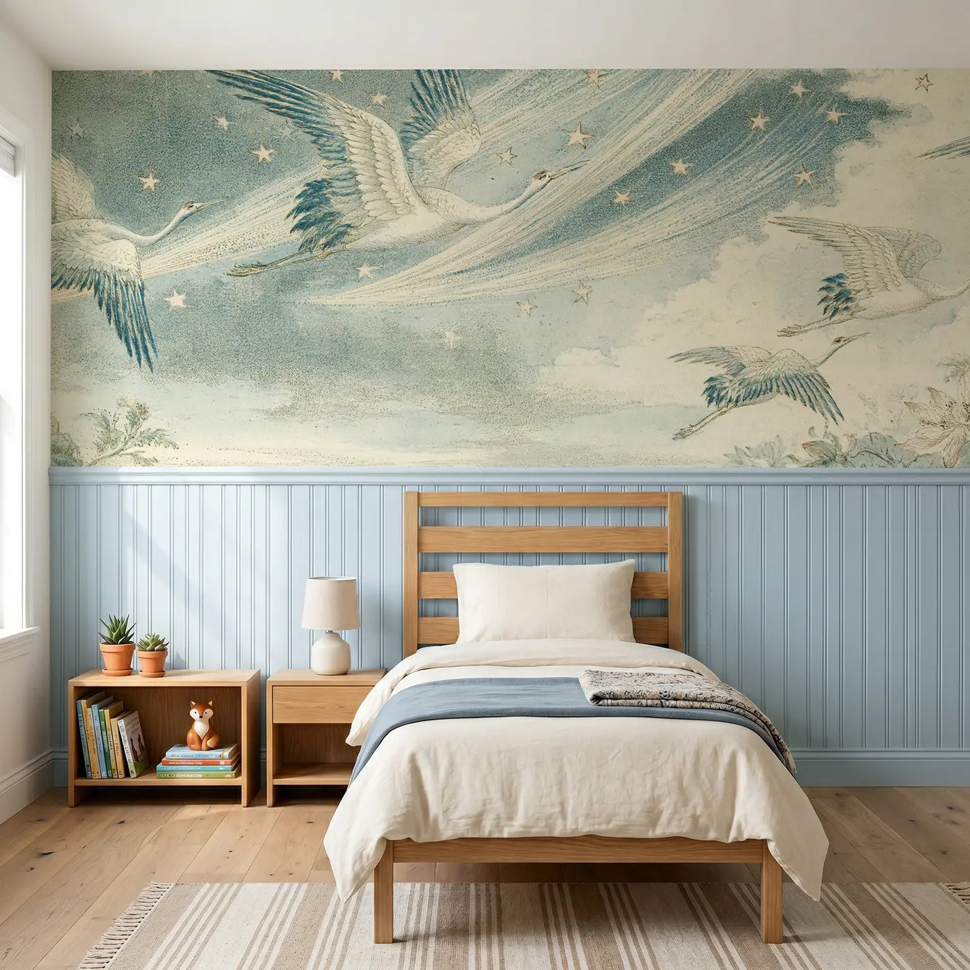 Botanical Elegance comet crane sky scroll wainscoting wallpaper for bedroom by Whimsy Tots.