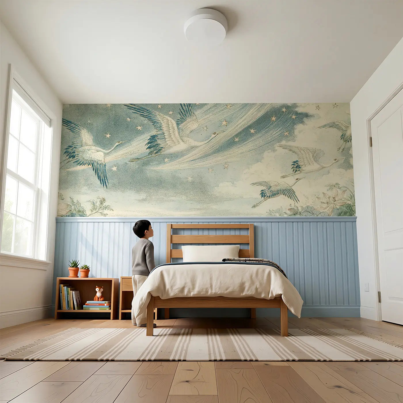 Child reading near Comet Crane Sky Scroll Wainscoting Wallpaper by Whimsy Tots