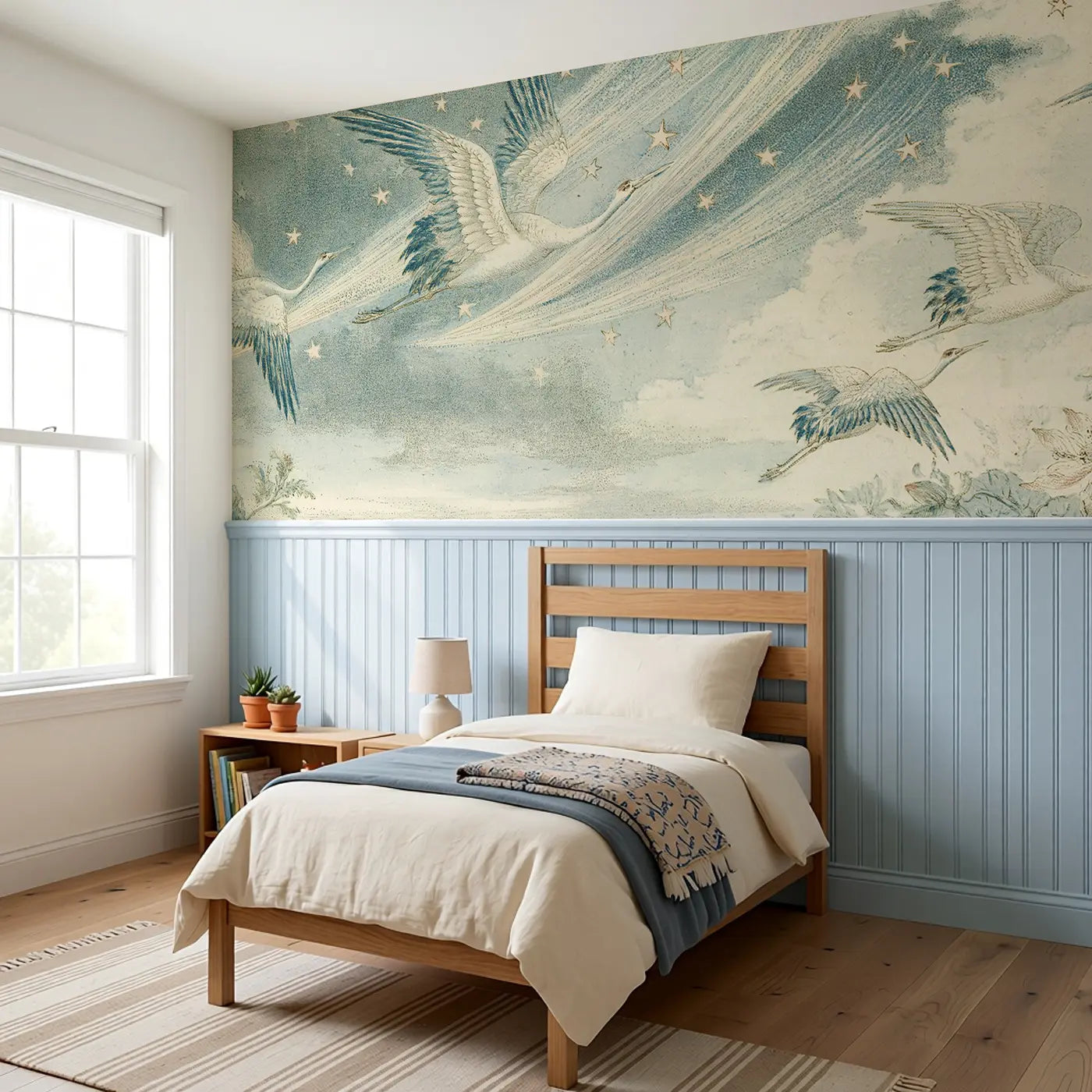 Comet Crane Sky Scroll Wainscoting Wallpaper styled in a kids bedroom by Whimsy Tots