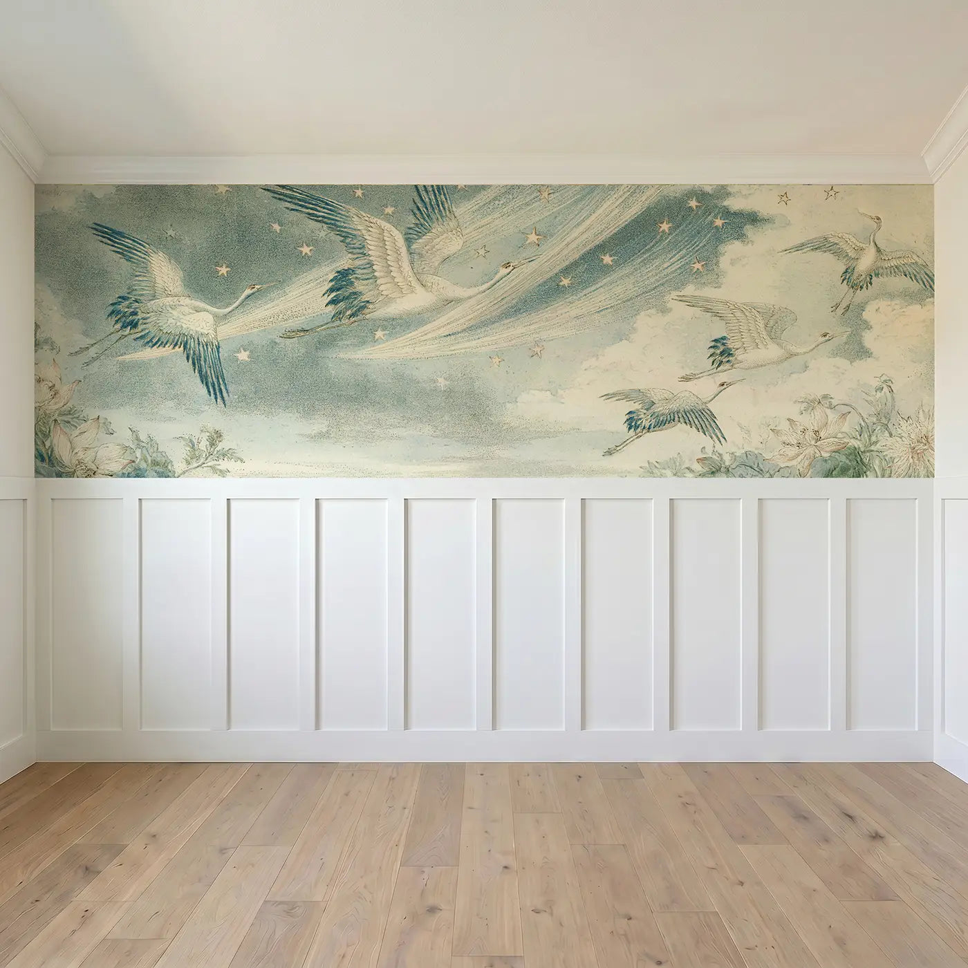 Full panel view of Comet Crane Sky Scroll Wainscoting Wallpaper by Whimsy Tots