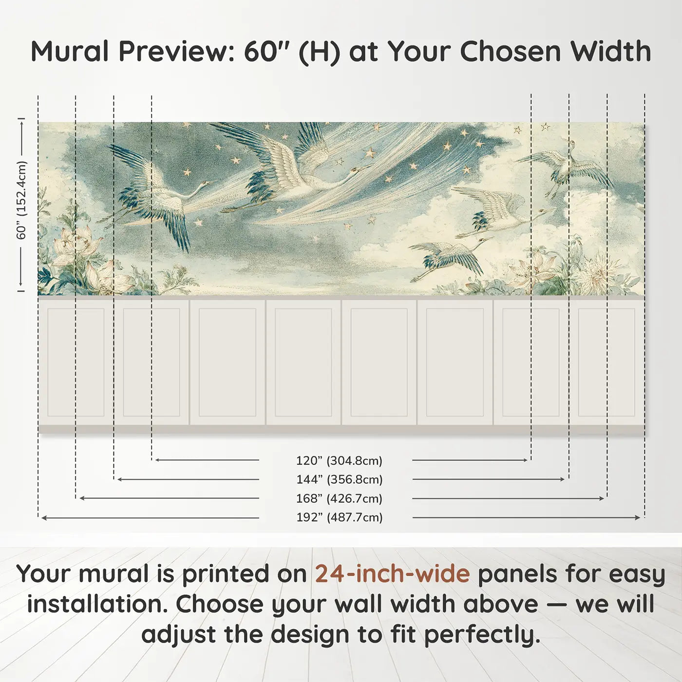 Panel dimensions for Comet Crane Sky Scroll Wainscoting Wallpaper by Whimsy Tots