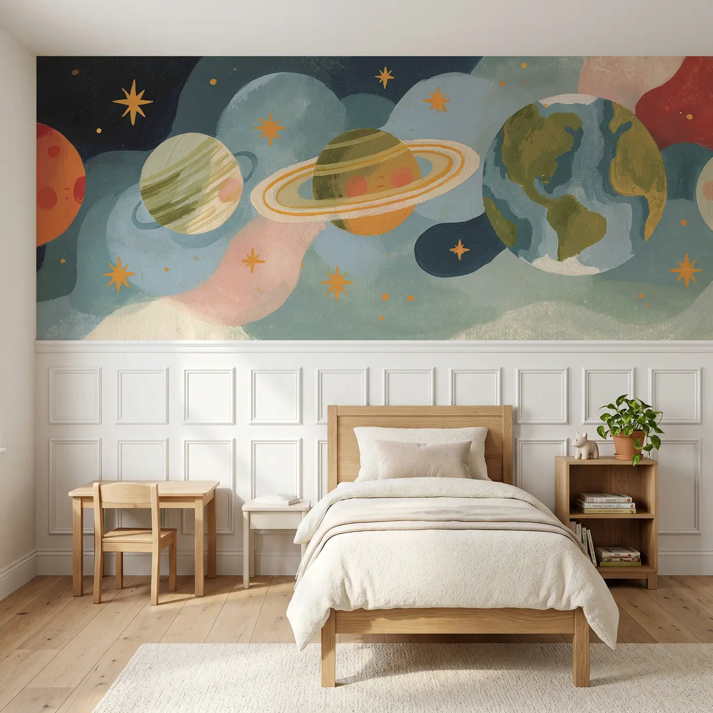 Modern Illustration planet row wainscoting wallpaper for bedroom by Whimsy Tots.
