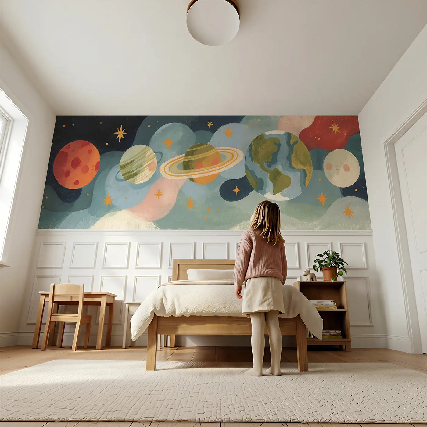 Child reading near Flat Mars Planet Row Wainscoting Wallpaper by Whimsy Tots