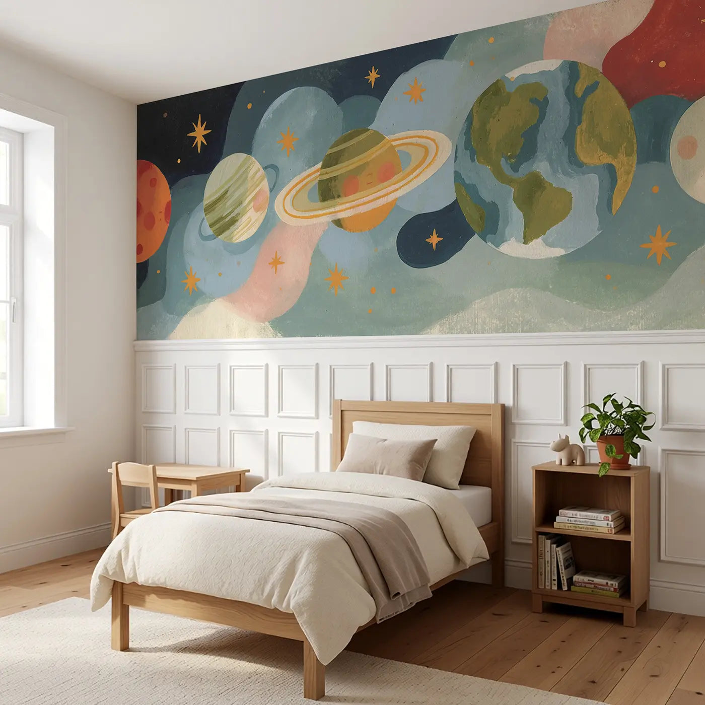 Flat Mars Planet Row Wainscoting Wallpaper styled in a kids bedroom by Whimsy Tots
