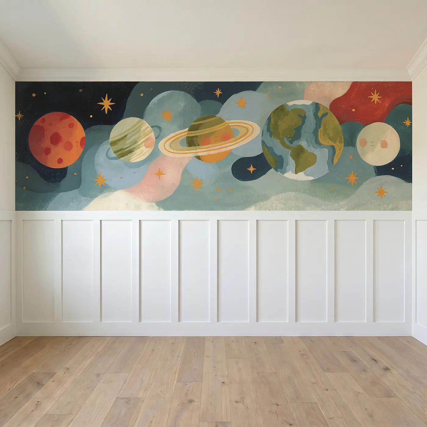 Full panel view of Flat Mars Planet Row Wainscoting Wallpaper by Whimsy Tots