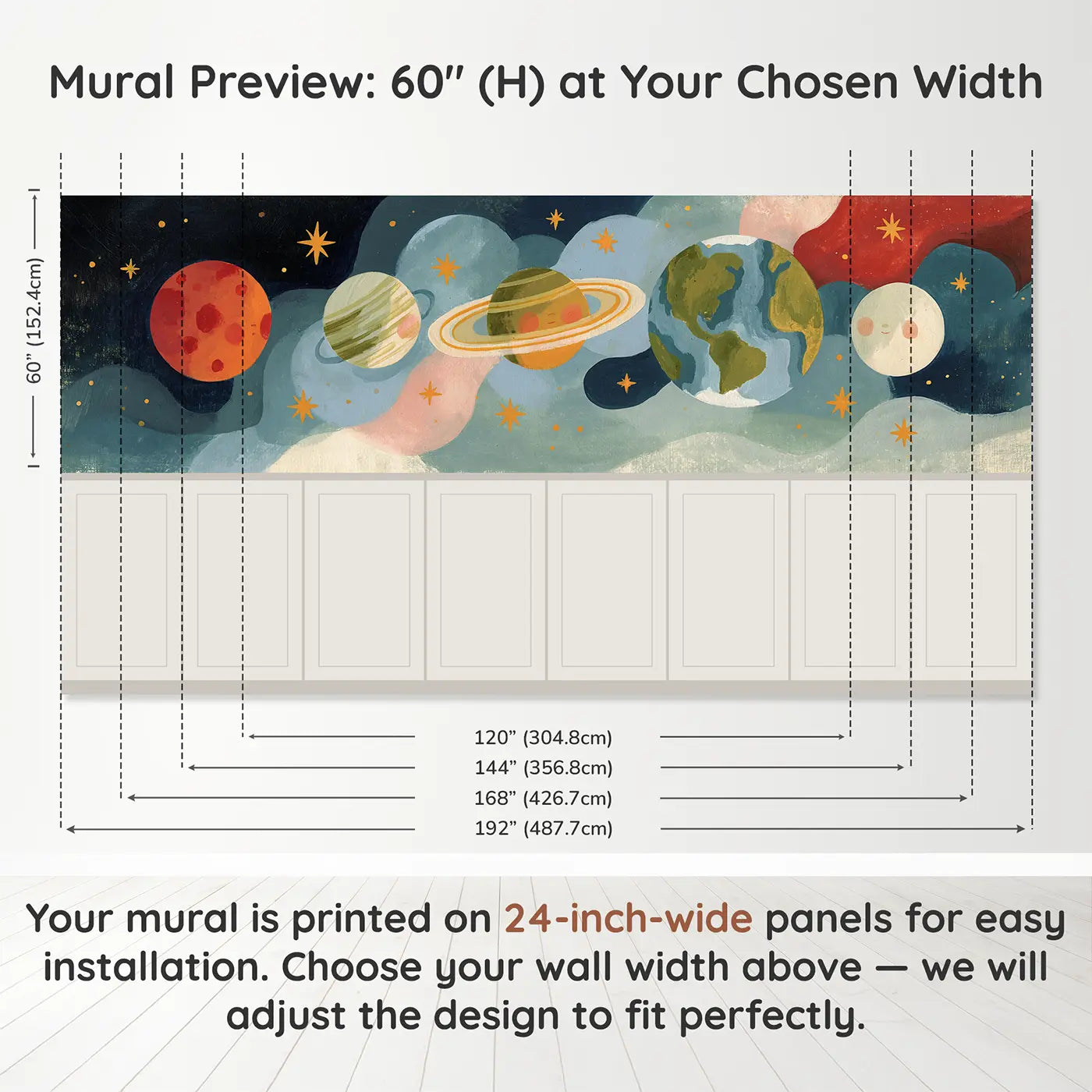 Panel dimensions for Flat Mars Planet Row Wainscoting Wallpaper by Whimsy Tots