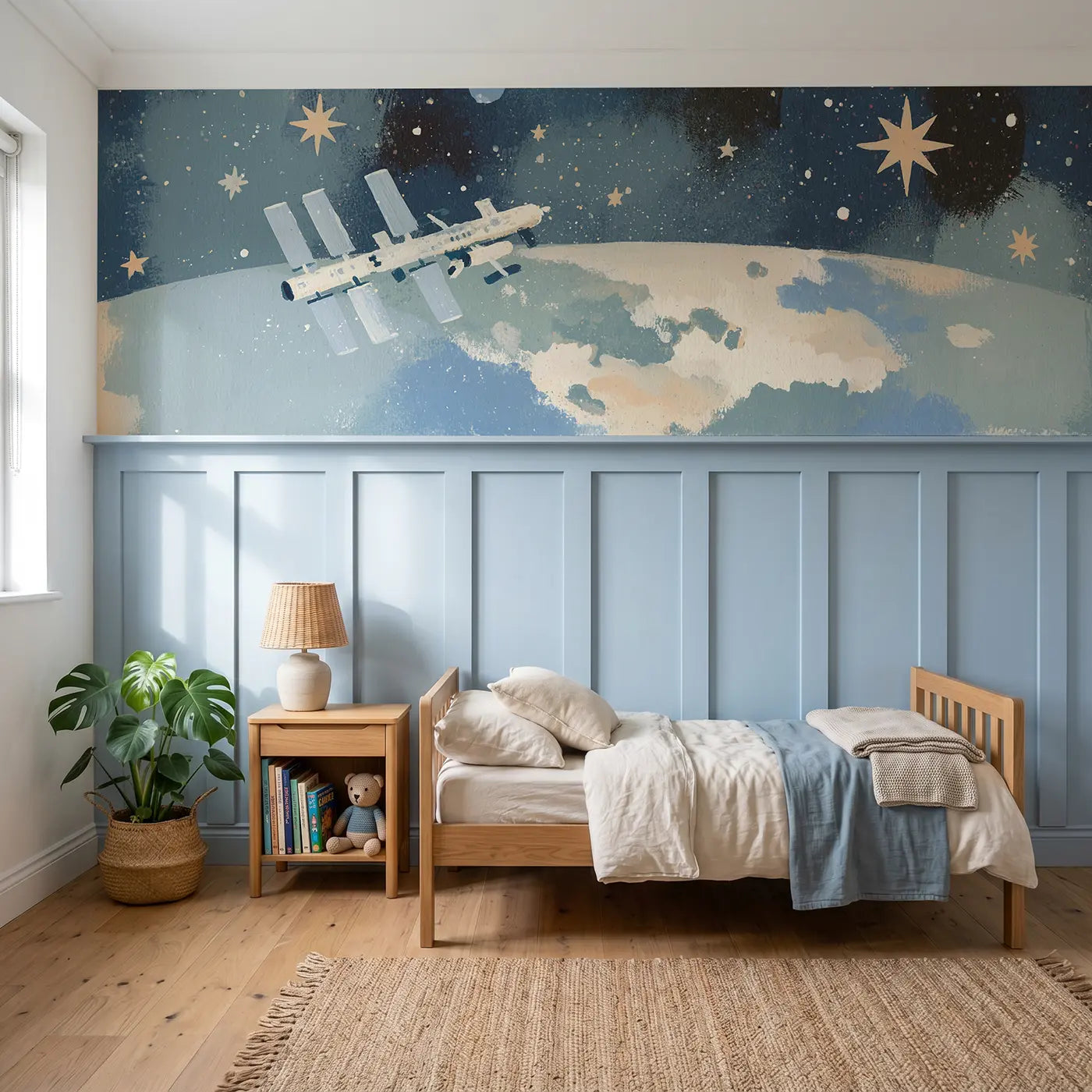 Modern Illustration space station bold wainscoting wallpaper for bedroom by Whimsy Tots.