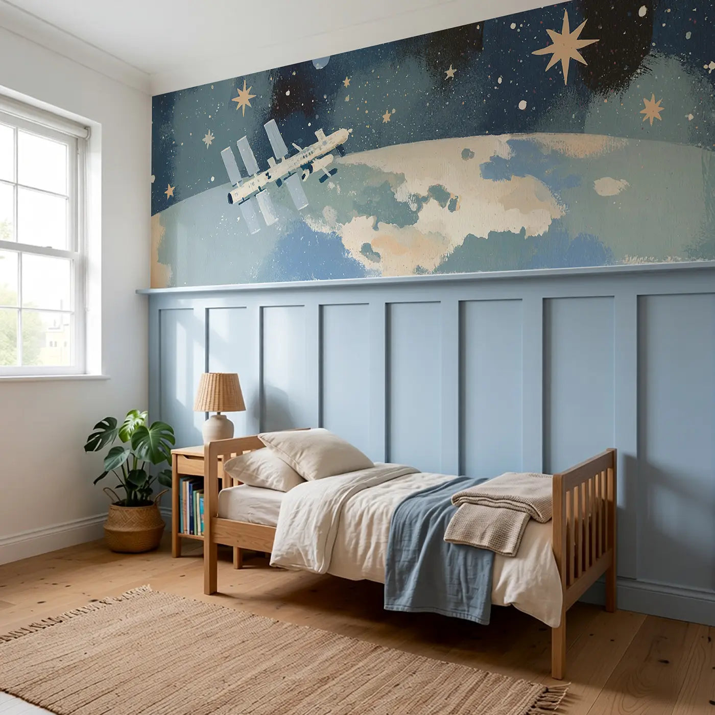 Graphic Space Station Bold Wainscoting Wallpaper styled in a kids bedroom by Whimsy Tots