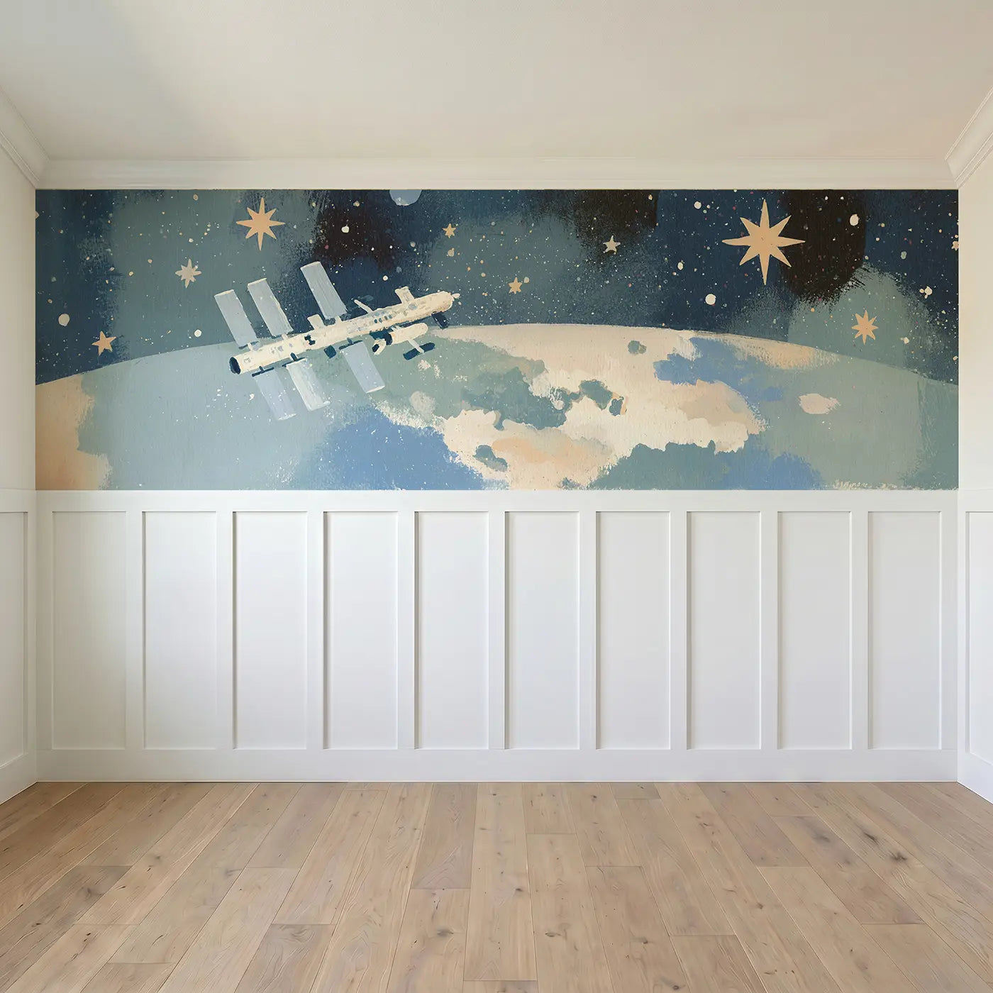 Full panel view of Graphic Space Station Bold Wainscoting Wallpaper by Whimsy Tots