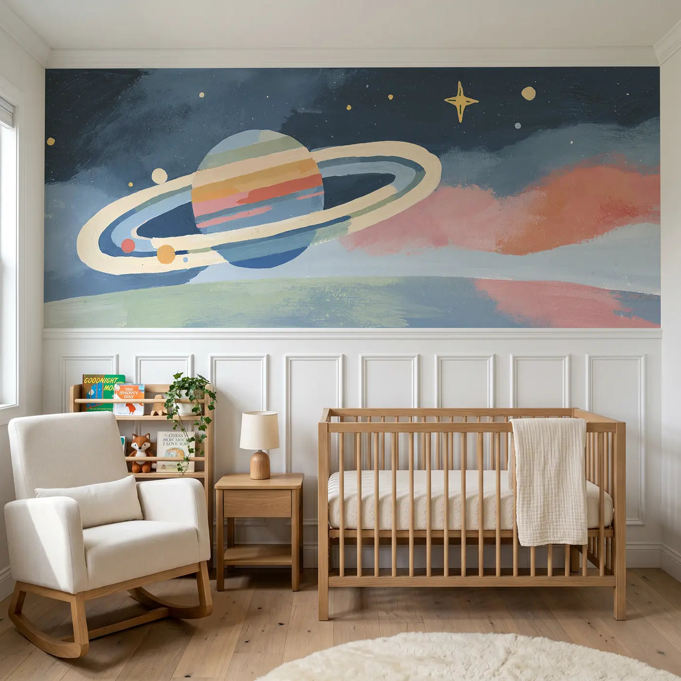 Modern Illustration Saturn rings wainscoting wallpaper for nursery by Whimsy Tots.