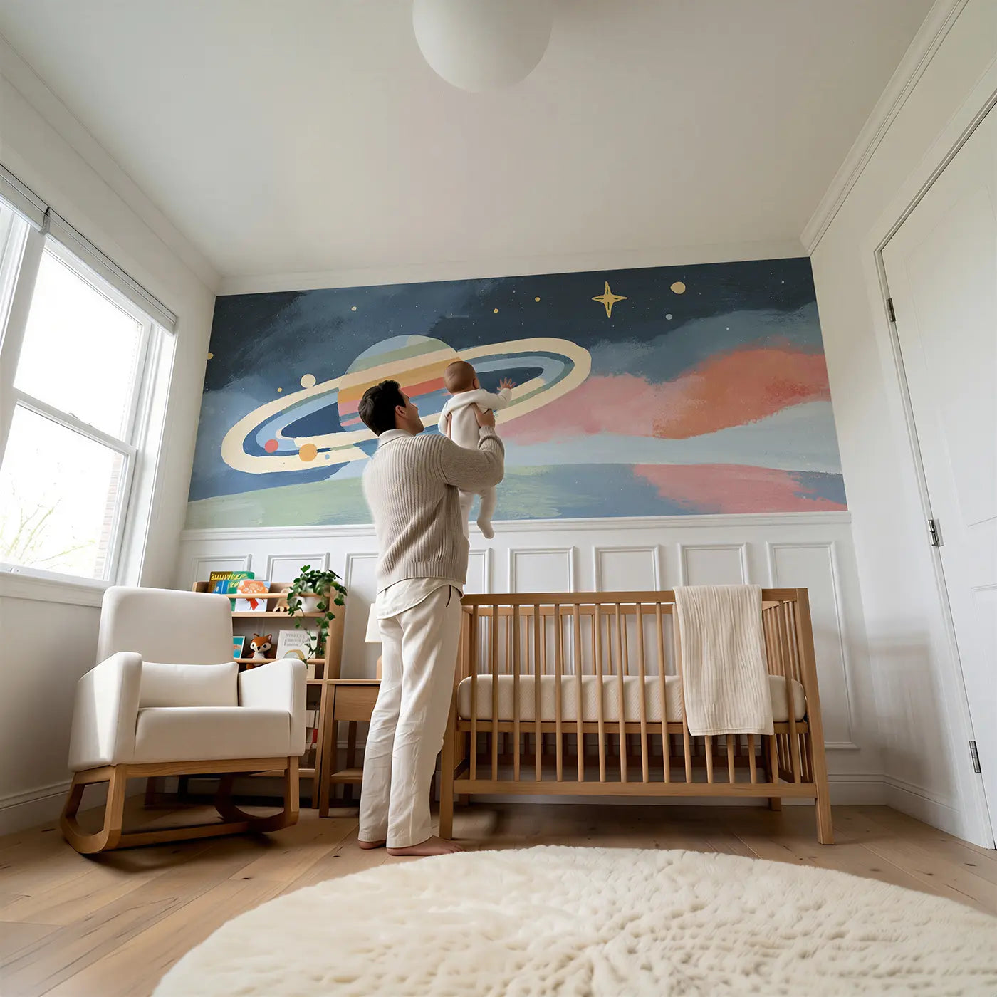 Child reading near Bold Saturn Rings Fun Wainscoting Wallpaper by Whimsy Tots