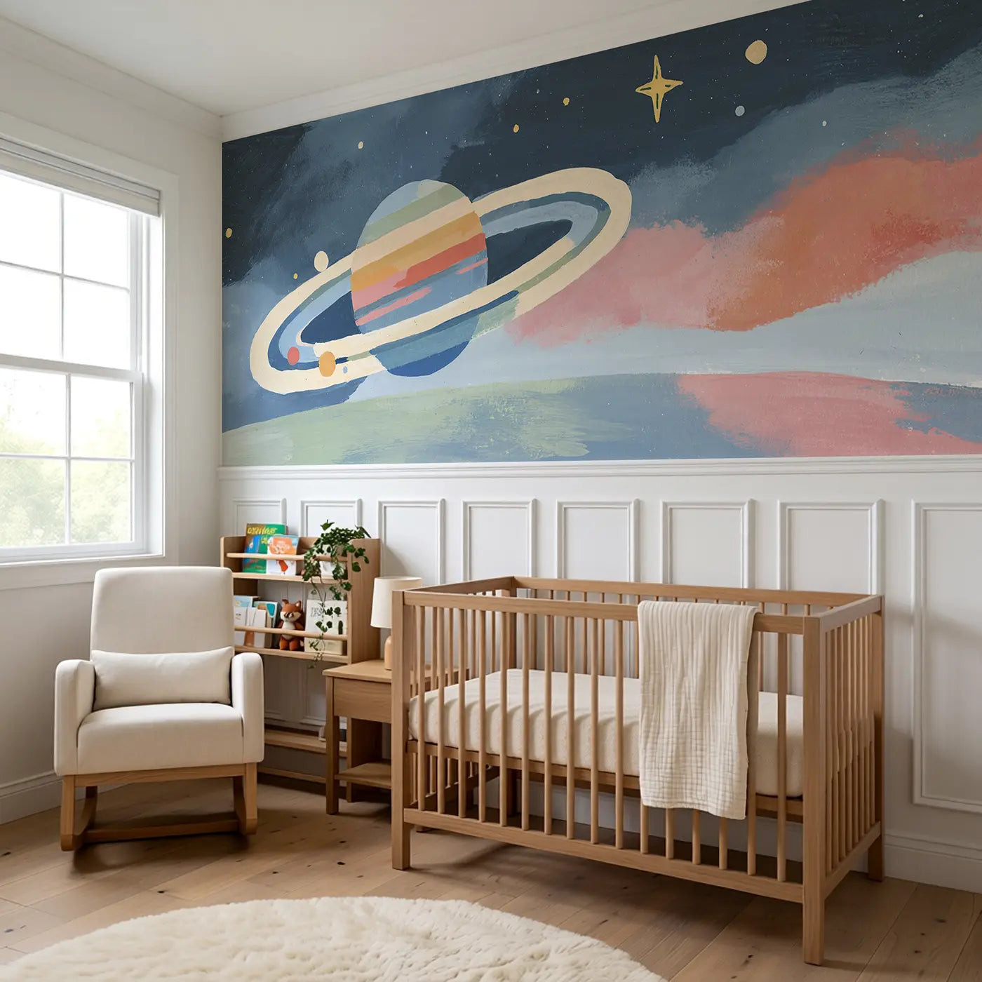 Bold Saturn Rings Fun Wainscoting Wallpaper styled in a kids bedroom by Whimsy Tots
