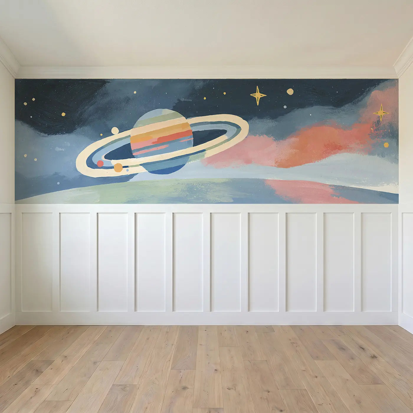 Full panel view of Bold Saturn Rings Fun Wainscoting Wallpaper by Whimsy Tots