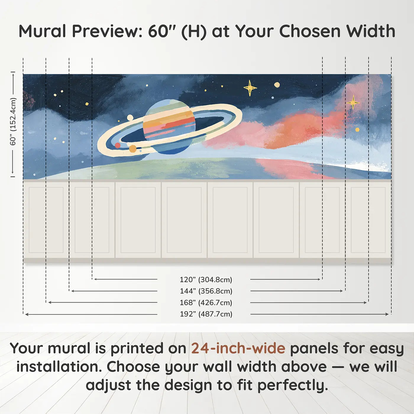 Panel dimensions for Bold Saturn Rings Fun Wainscoting Wallpaper by Whimsy Tots