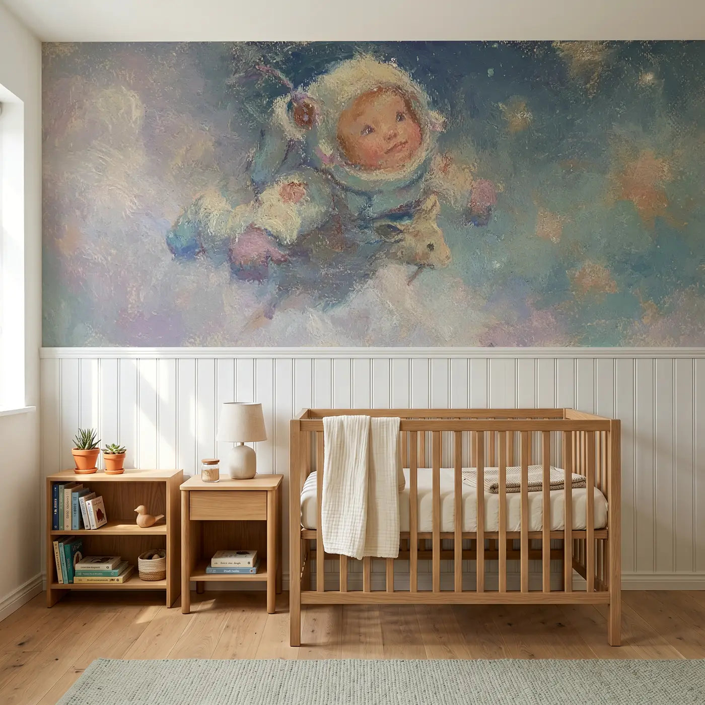 Soft Pastel baby astronaut float wainscoting wallpaper for nursery by Whimsy Tots.