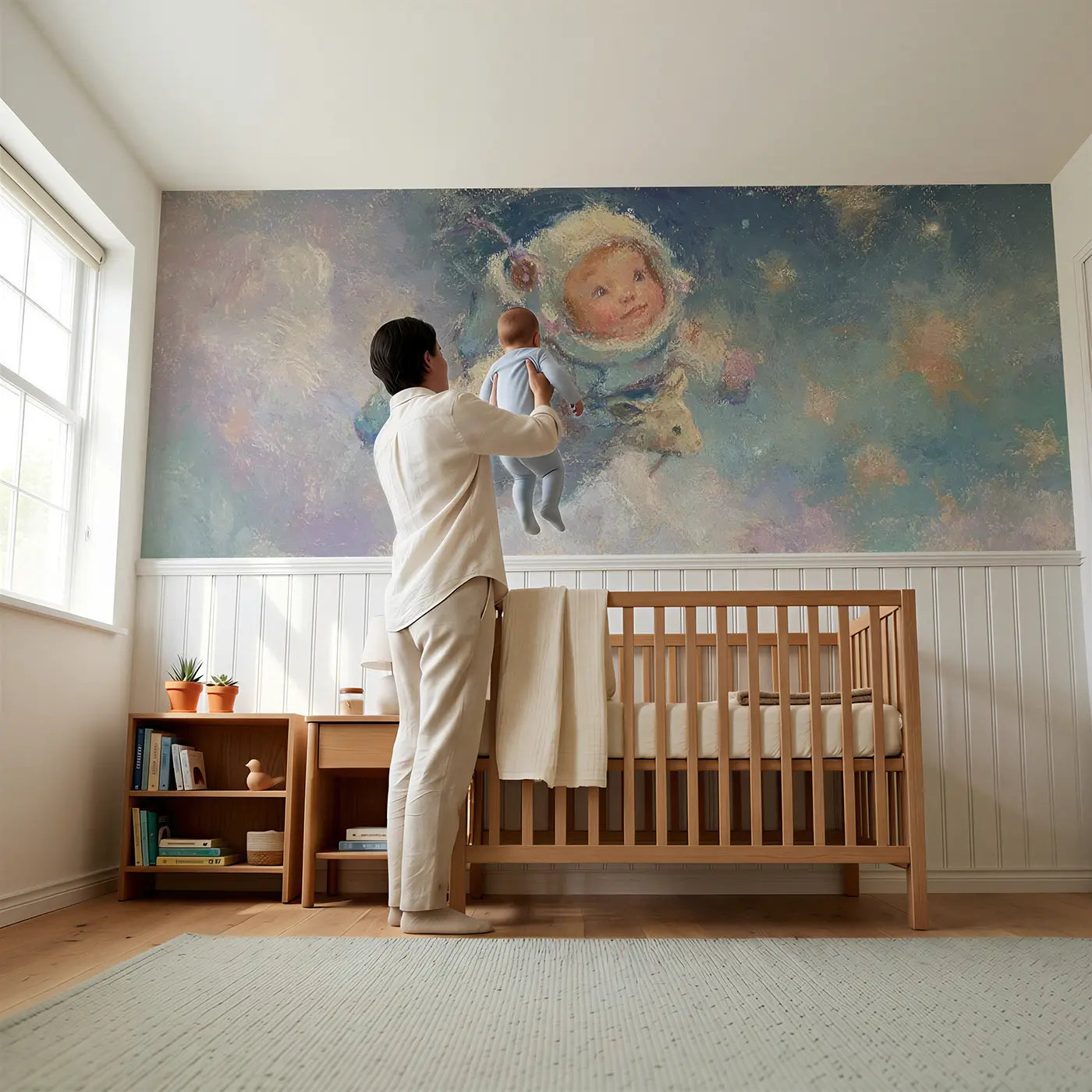 Child reading near Chalk Baby Astronaut Float Wainscoting Wallpaper by Whimsy Tots