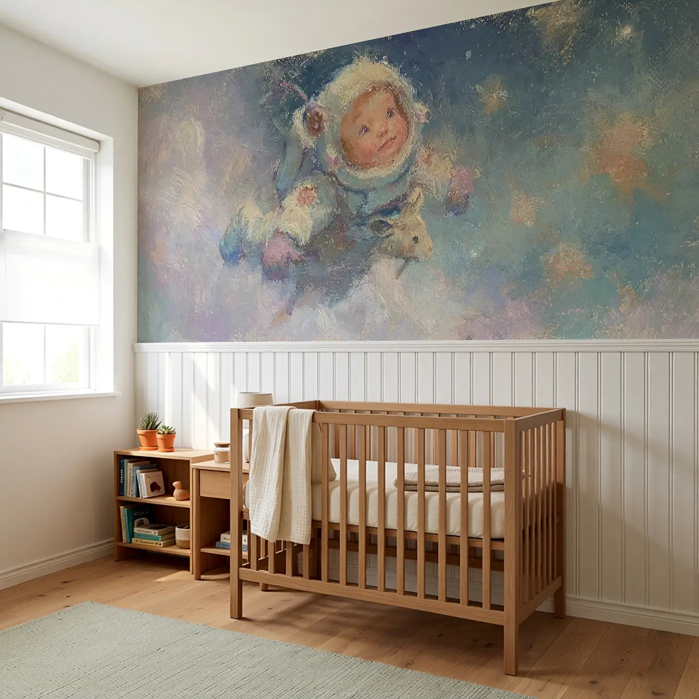 Chalk Baby Astronaut Float Wainscoting Wallpaper styled in a kids bedroom by Whimsy Tots