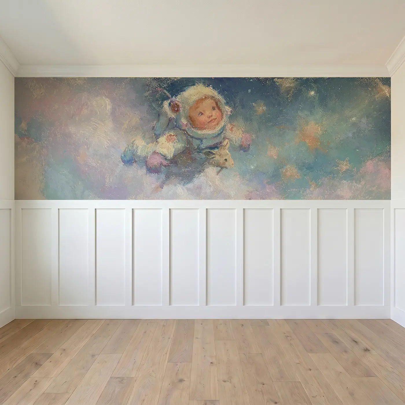 Full panel view of Chalk Baby Astronaut Float Wainscoting Wallpaper by Whimsy Tots